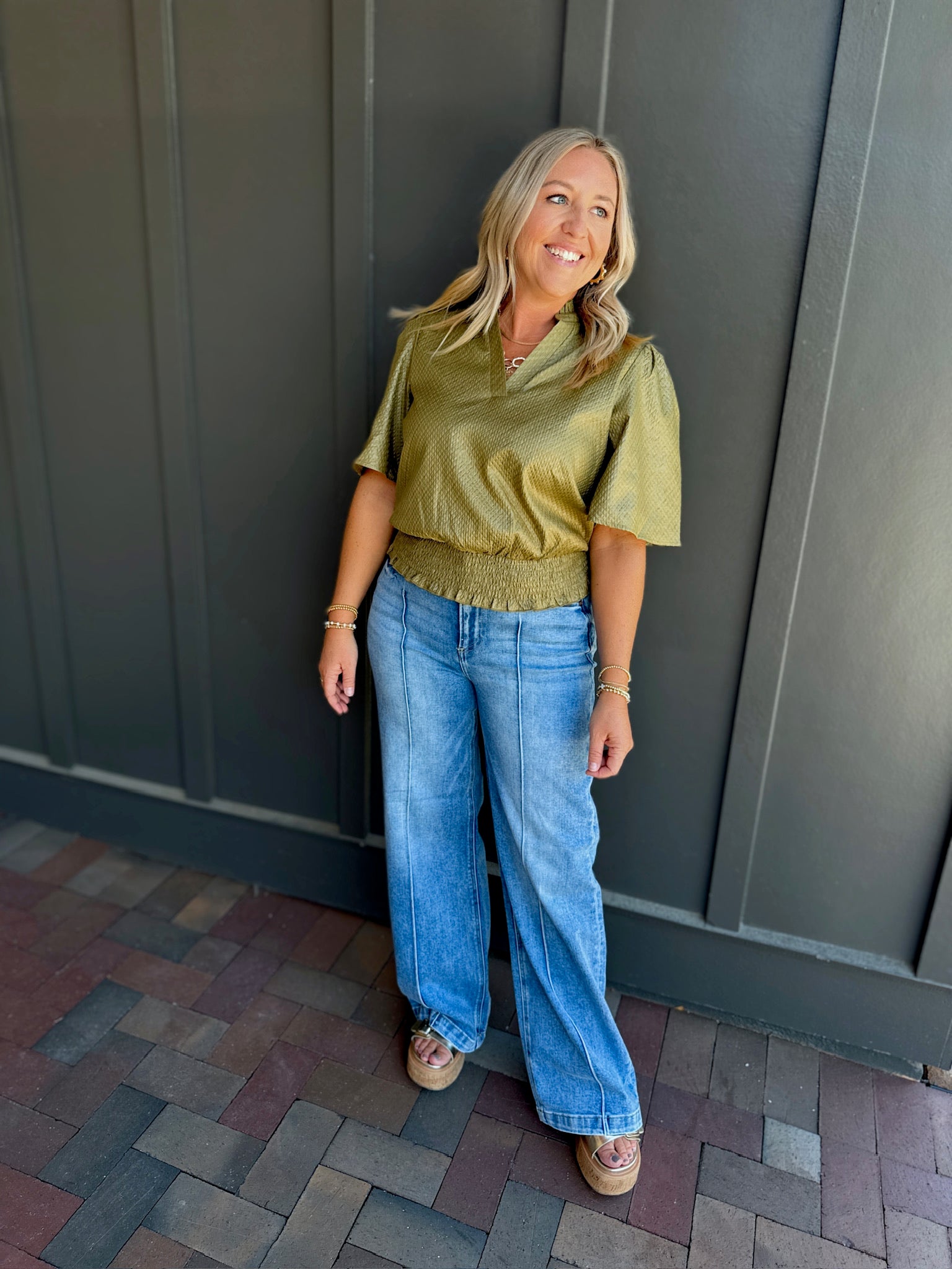 When I'm Gone Smocked Hem Top in Olive
