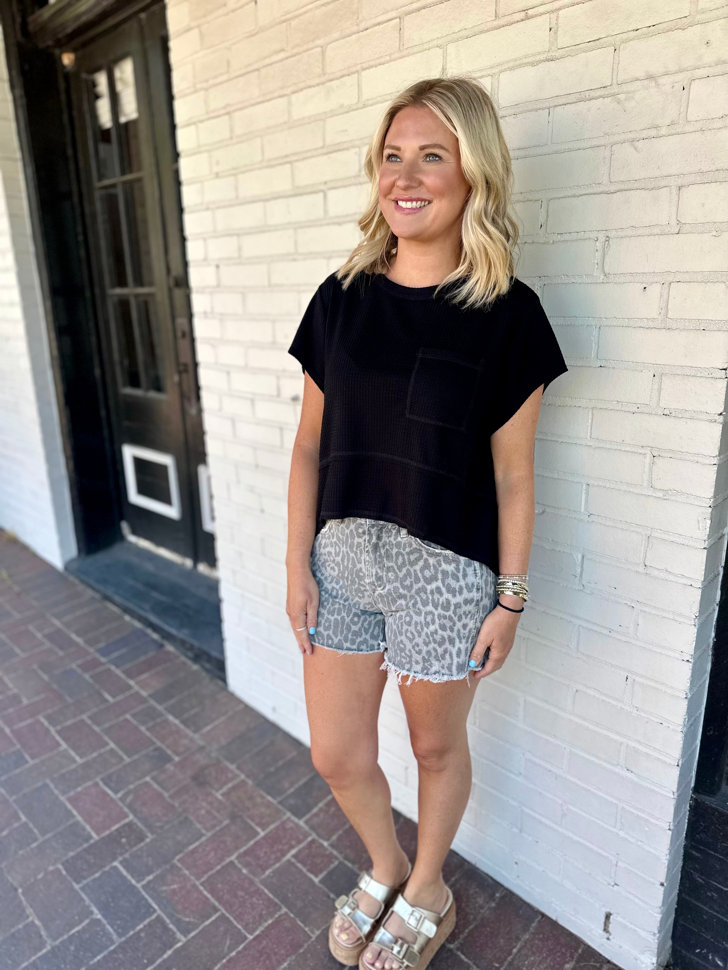 Weekend Waffle Knit Oversized Tee with Pocket in Black