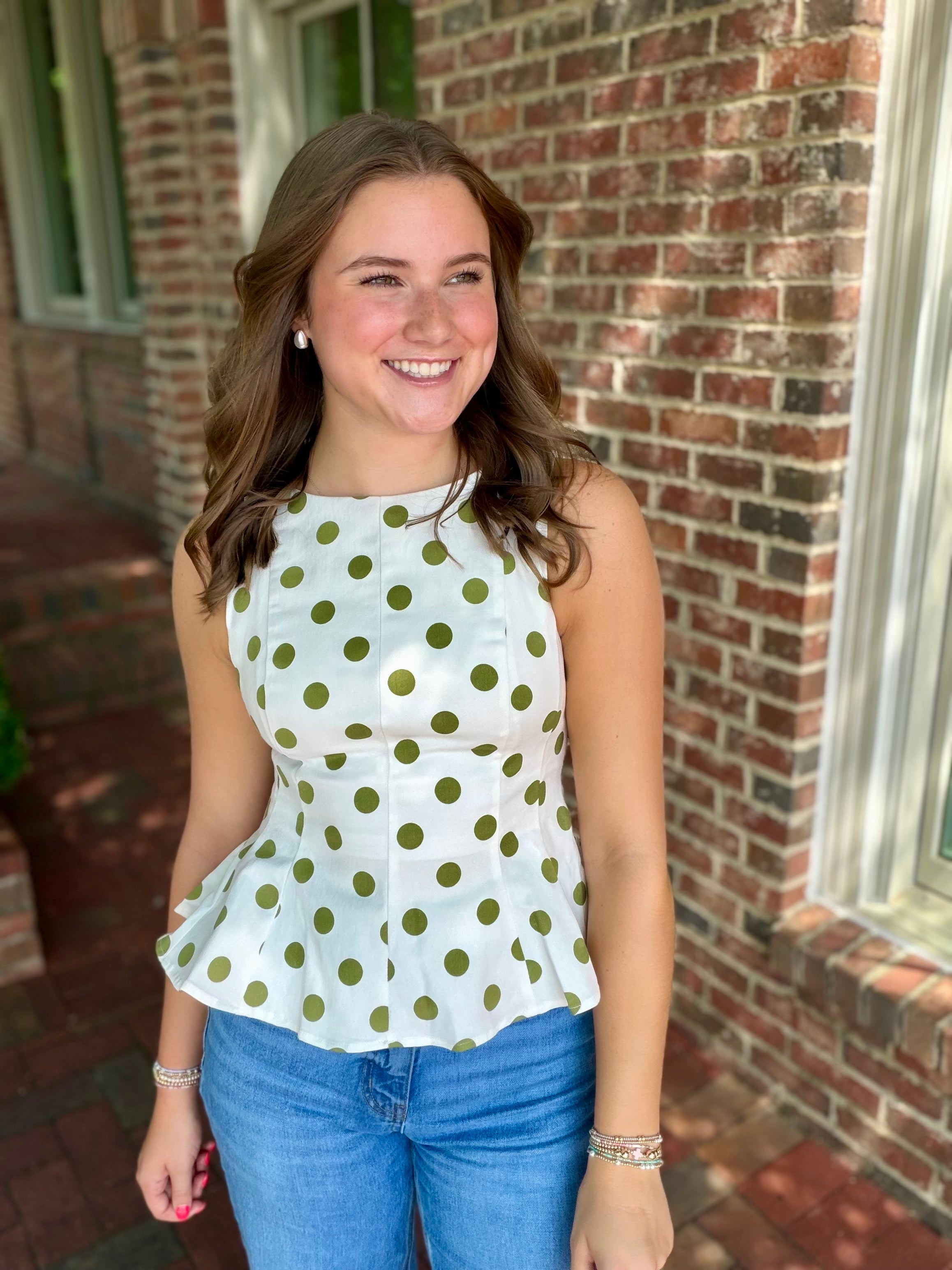Spotted in Denim Peplum Tank Top in Green