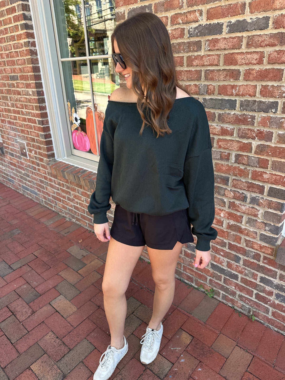French Terry Fleece Off The Shoulder Top In Sage Leaf