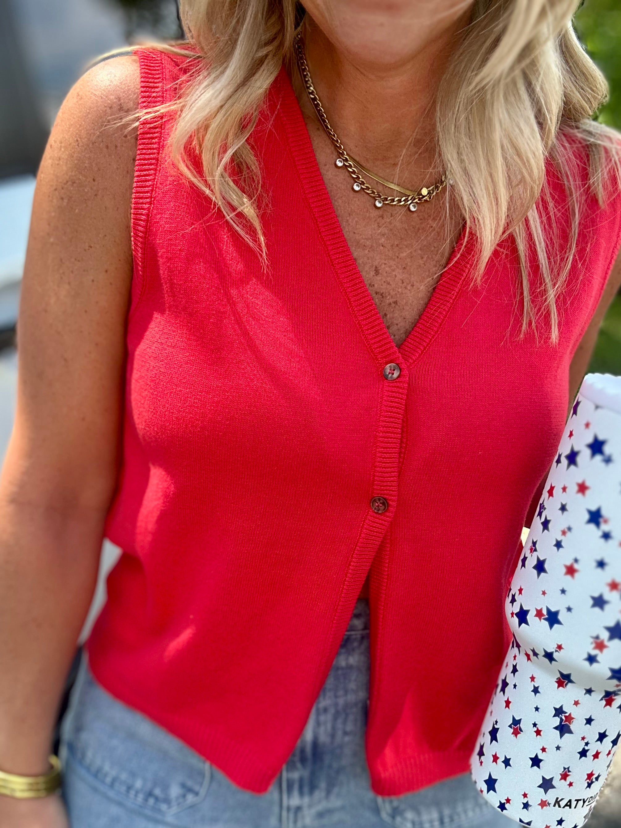 Take A Chance V Neck Button Down Knit Sleeveless Top