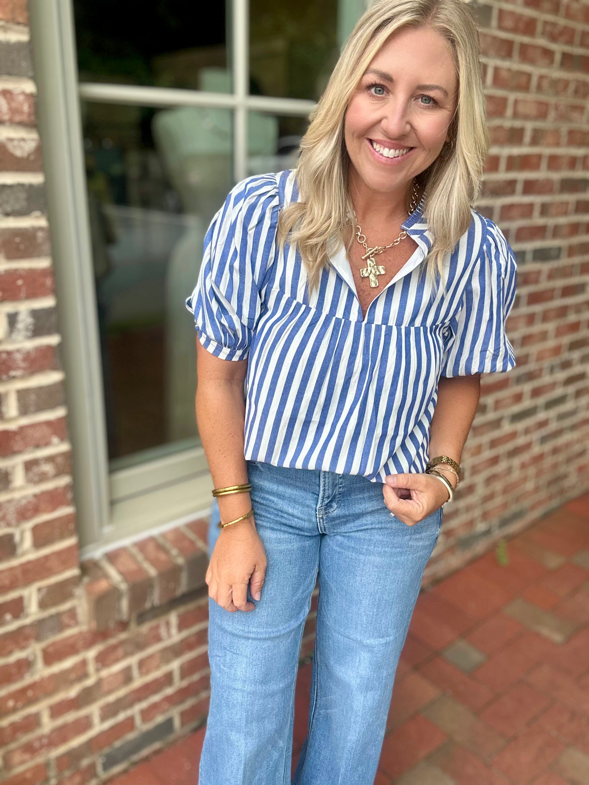 Catana Striped Delano Ruffle Split Neck Blouse