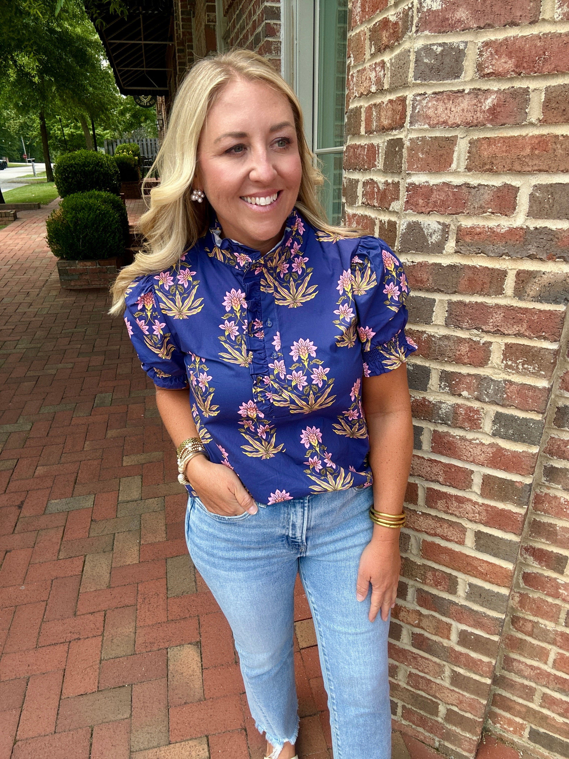 Mary Floral Print Ruffled Mock Neck Blouse