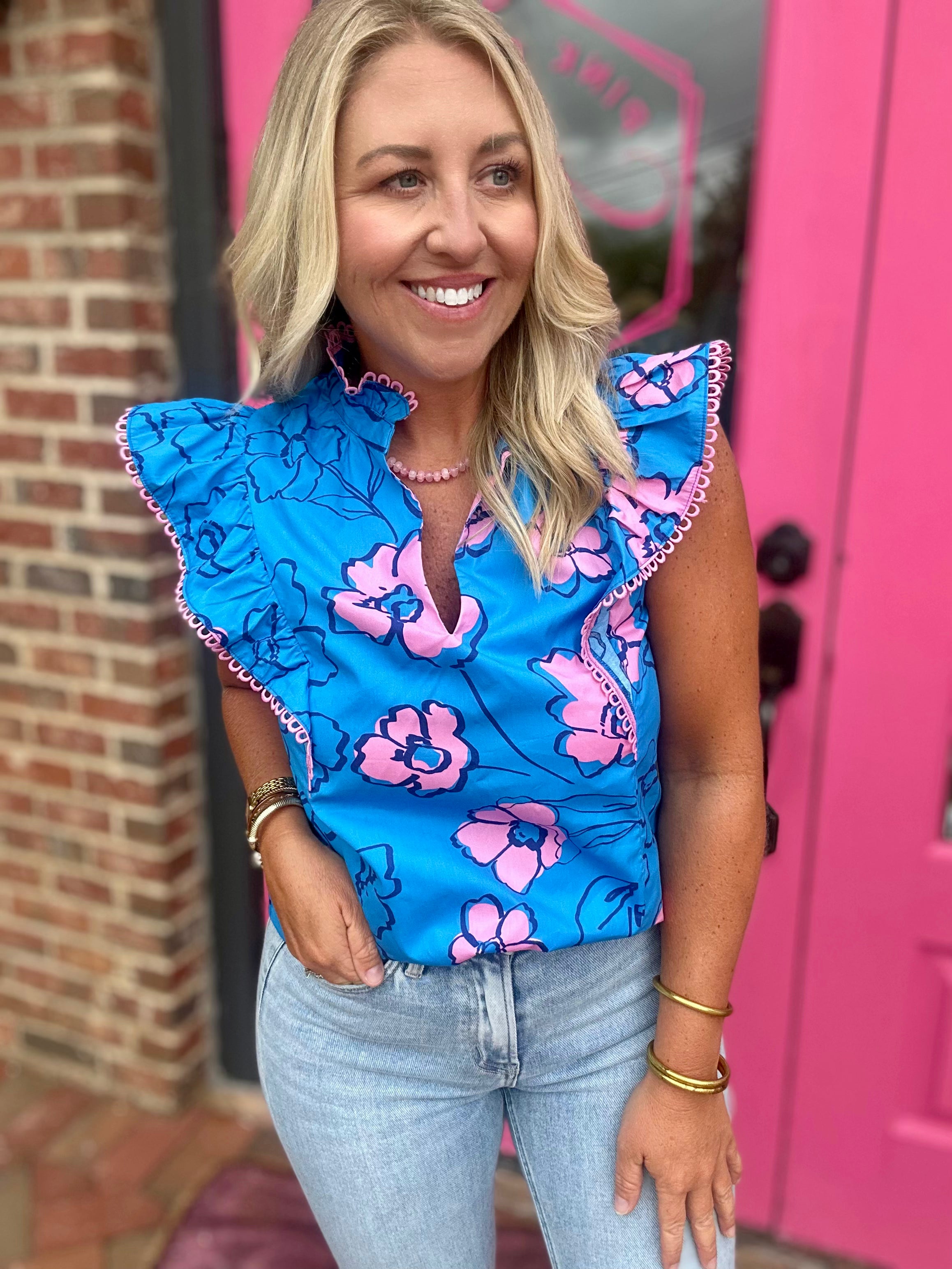 Rayen Ruffle Top Cosmic Poppy Tank with Flutter Sleeves