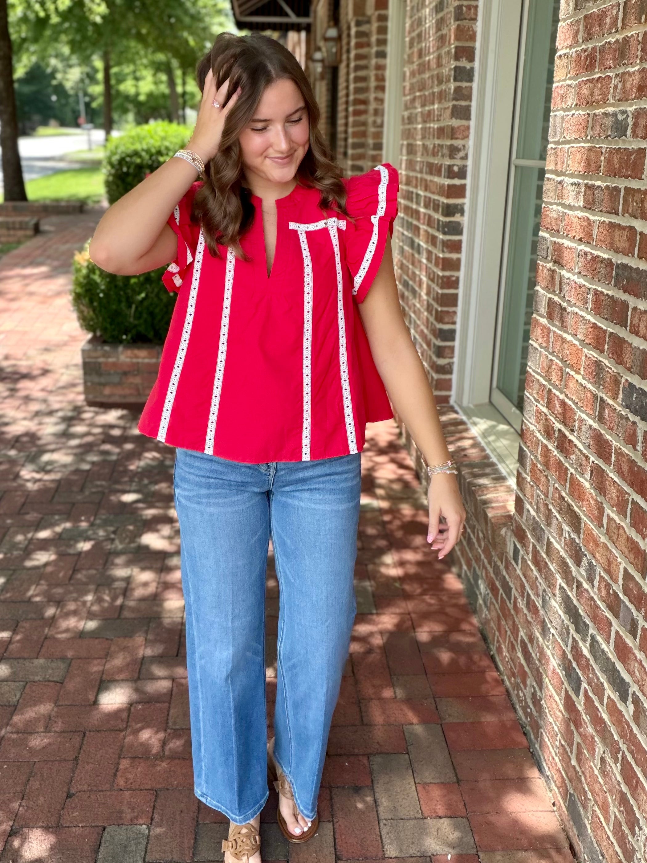 All for You Lace Trim Flutter Ruffle Sleeve Poplin Top