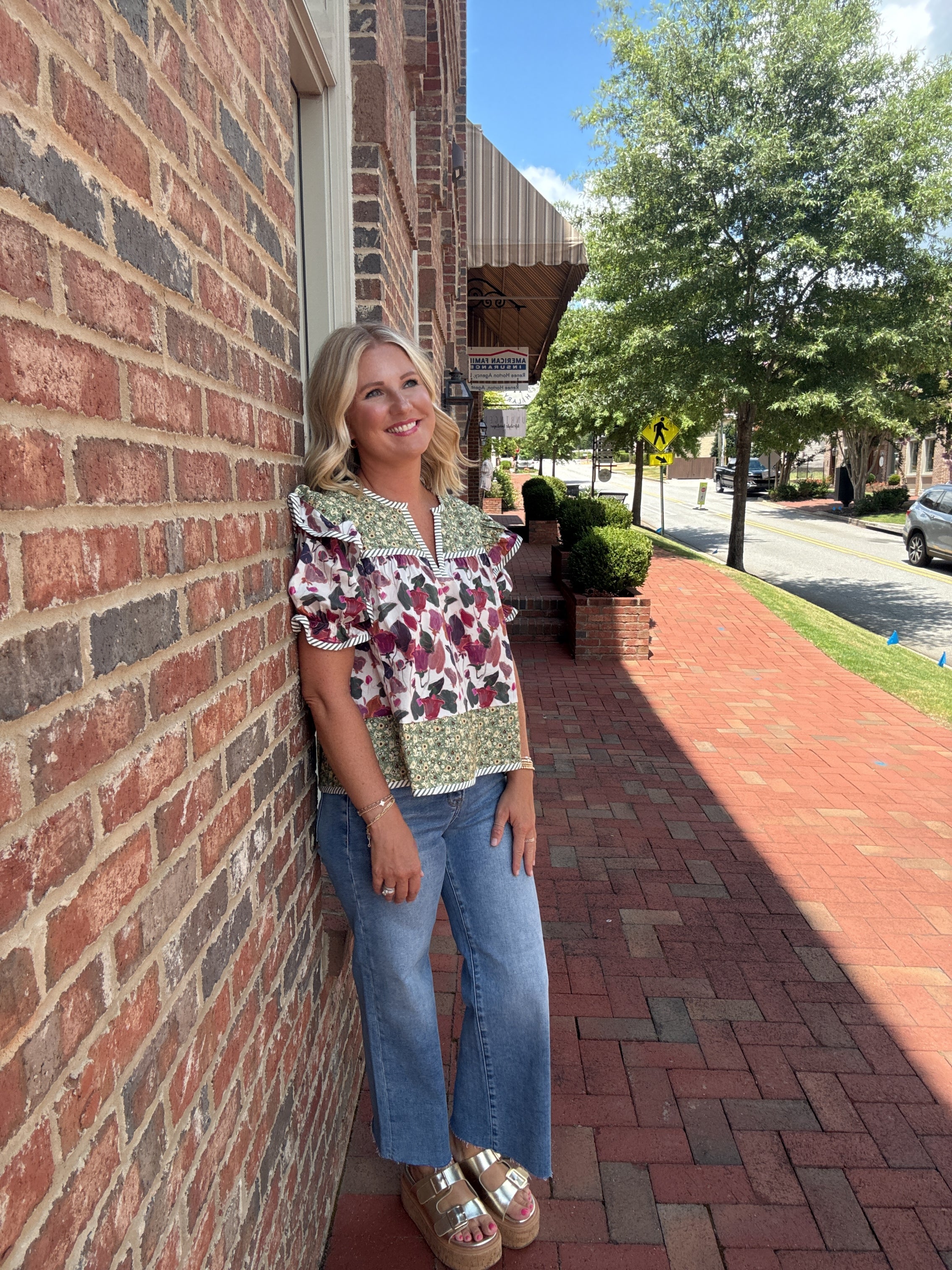 Ella Smocked Floral and Striped Ruffle Short Sleeve Top