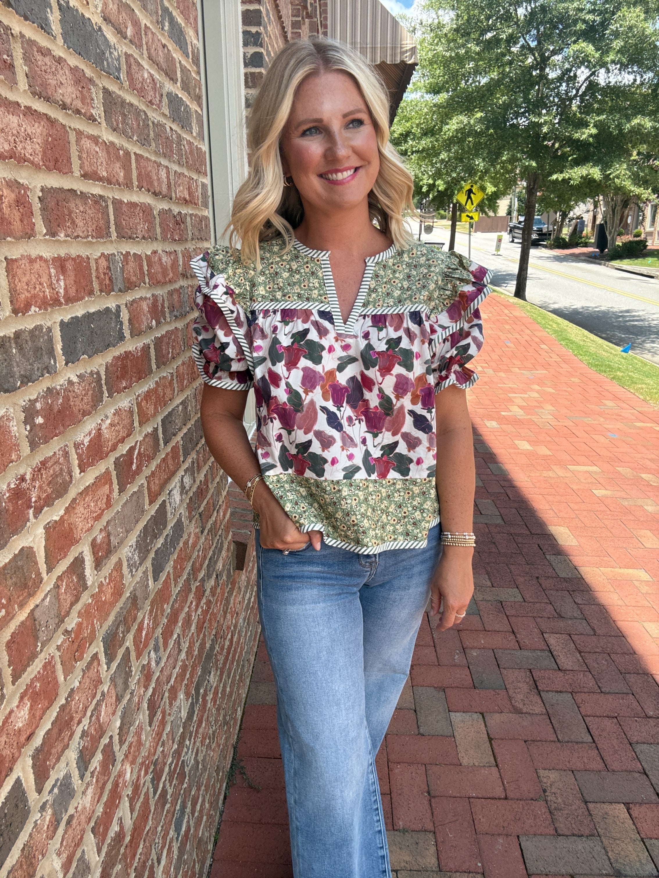 Ella Smocked Floral and Striped Ruffle Short Sleeve Top