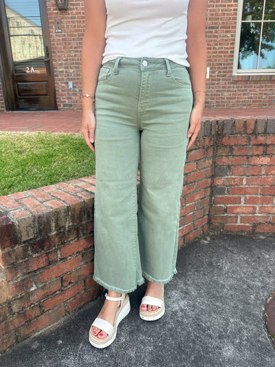 All This Time Olive High Rise Tummy Control Crop Wide Leg Jeans