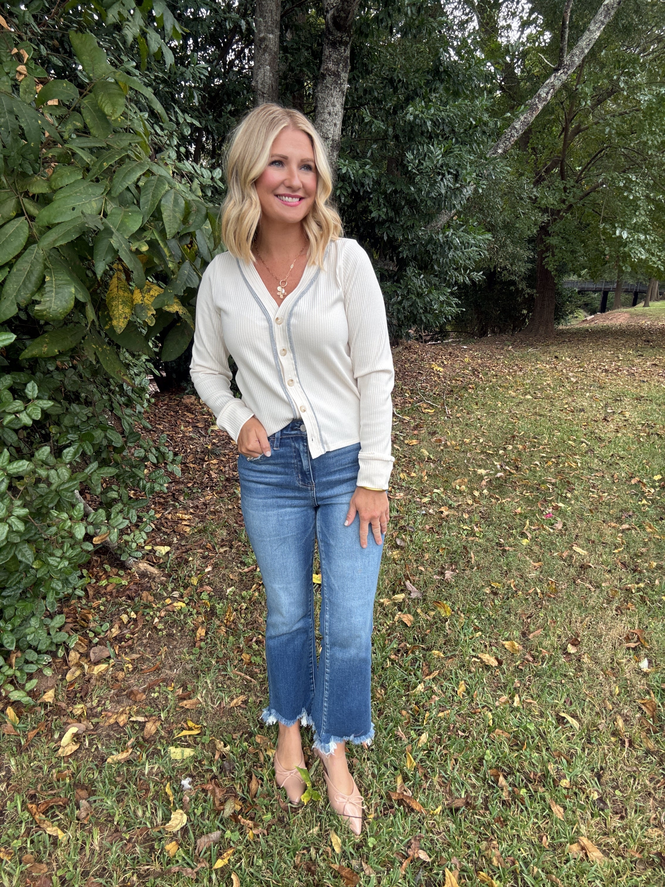 Meet Me in The Middle Contrast Ribbed Button Up Knit Top