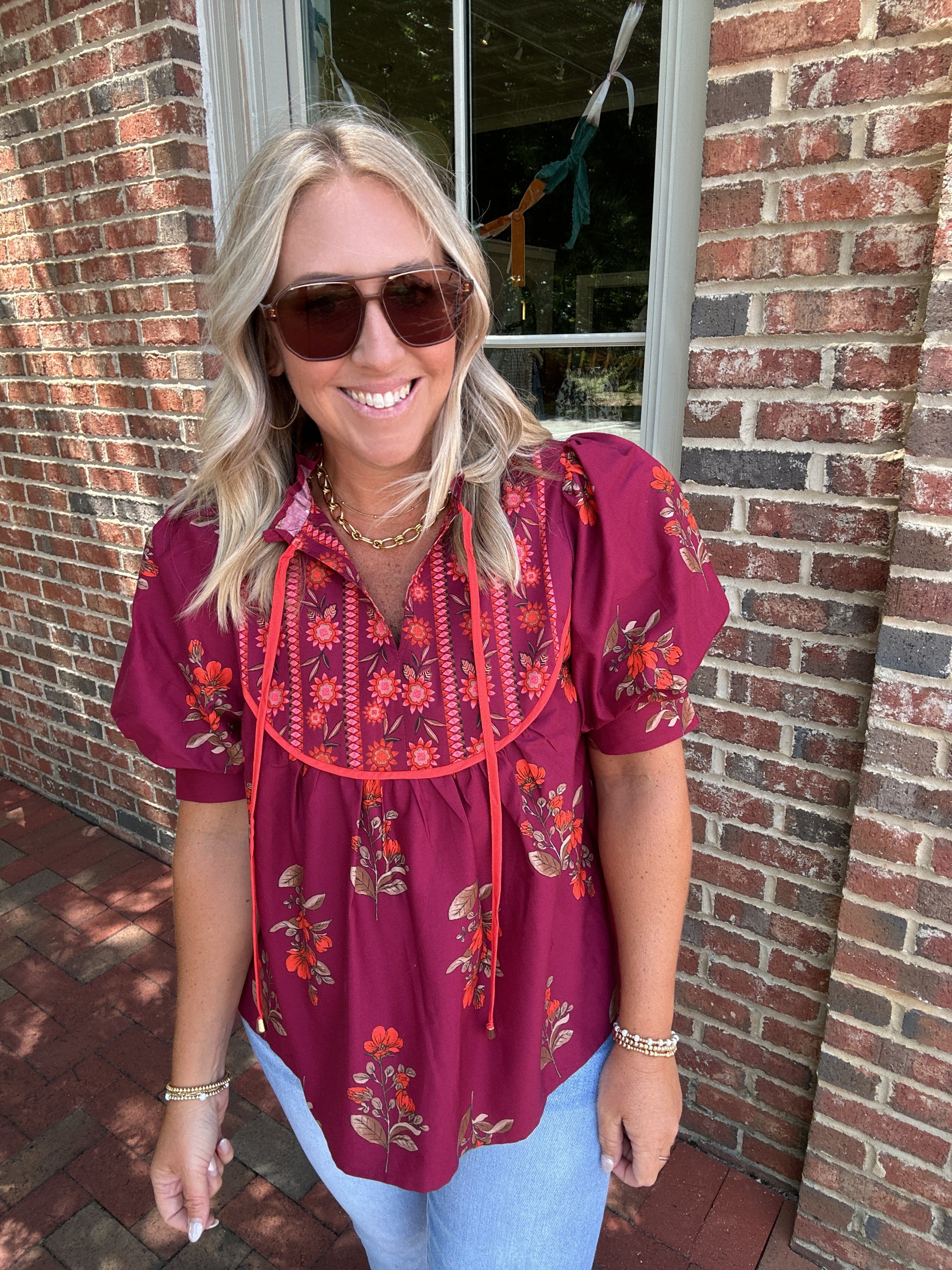 Let Me Be The One Floral Tie Neck Quarter Sleeve Top