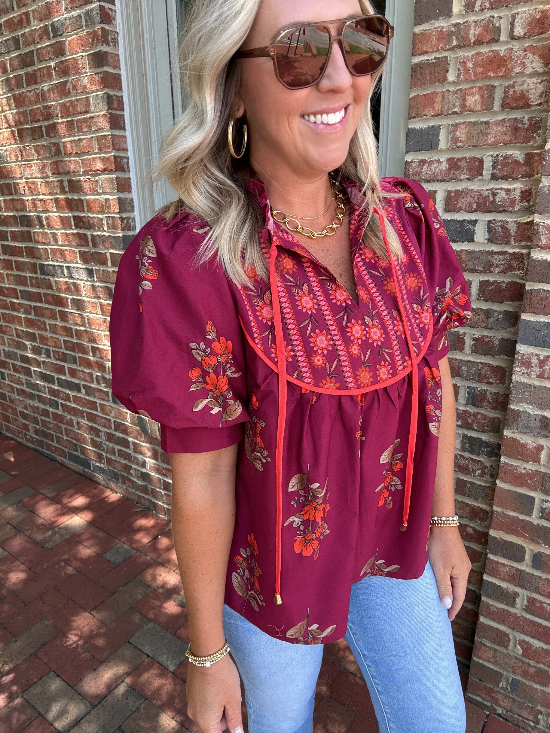 Let Me Be The One Floral Tie Neck Quarter Sleeve Top