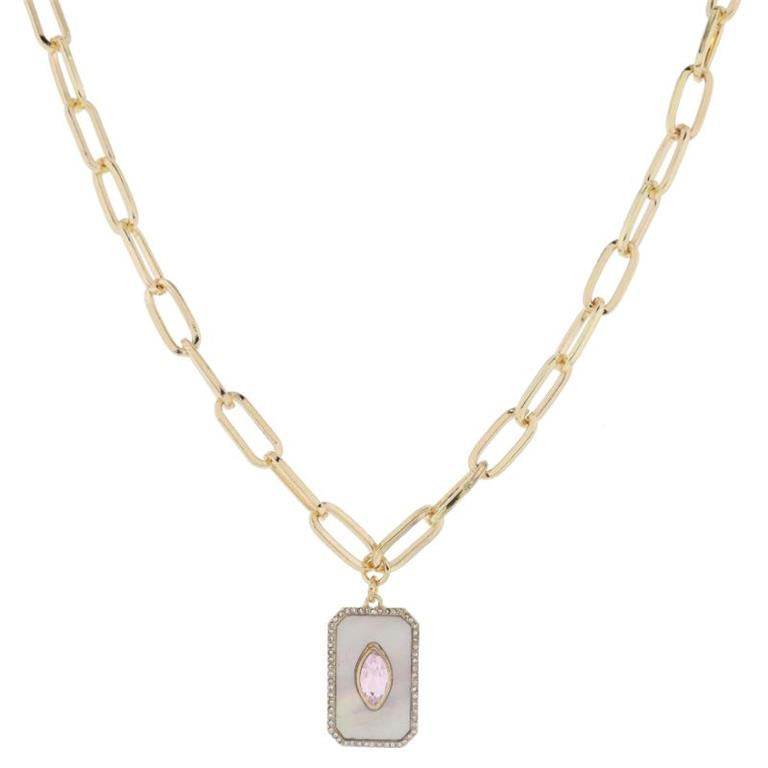 18" White Shell Inlay Rectangle with Pink Marquis Center Crystal Crystal Edge Necklace, 3" Ext.