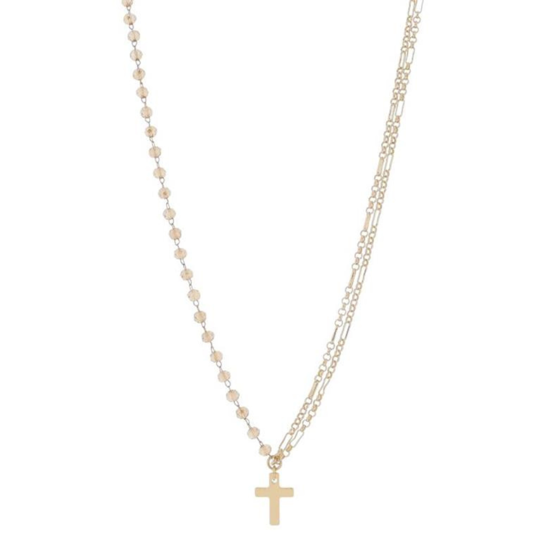 16" Half Double Gold Long & Short Chains, Half Topaz Beaded Link Chain with Cross Necklace, 3" Ext.