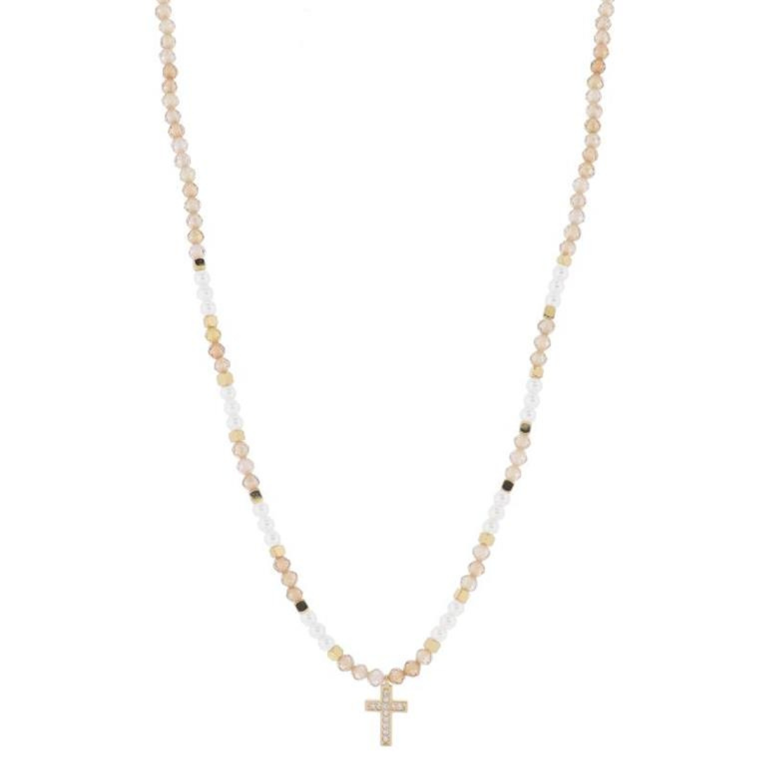 16" Champagne Faceted Sone Beaded with Pearls & Gold Beads with Crystal Cross Necklace, 3" Ext.