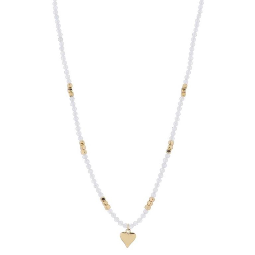 16" Moonstone Mini Faceted Beaded with Gold Bead Accents and Gold Heart Necklace, 3" Ext