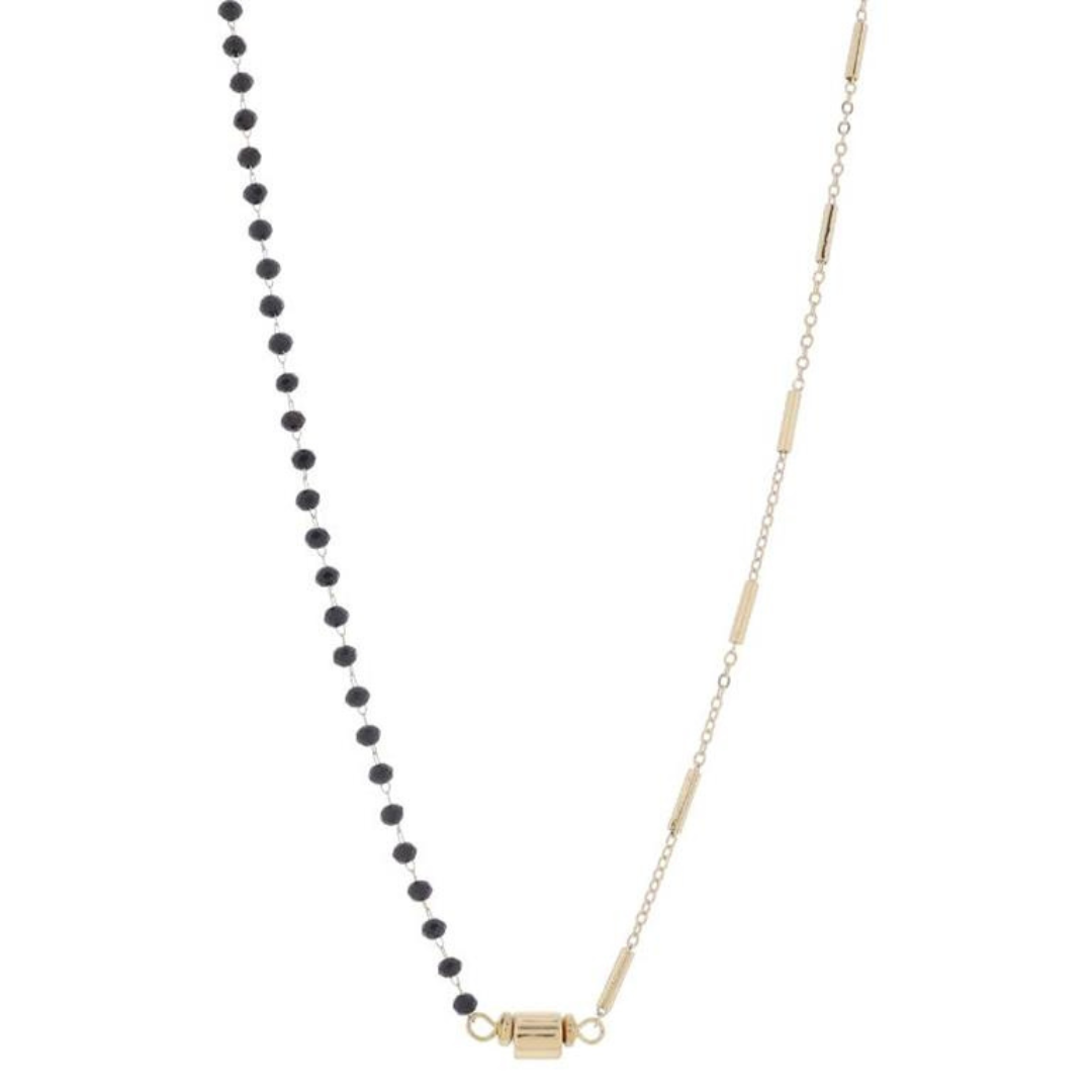 16" Half Gold Satellite Bar Chain, Half Jet Faceted Beaded Link Chain with Rondel Necklace, 3" Ext.