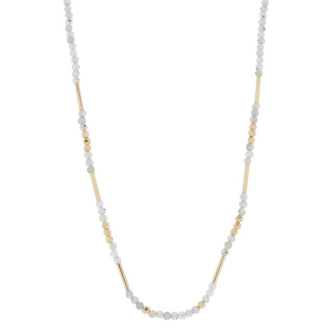 16" Kiwi Mini Faceted Stone Beaded with Gold Bead and Bar Accents Necklace, 3" Ext.