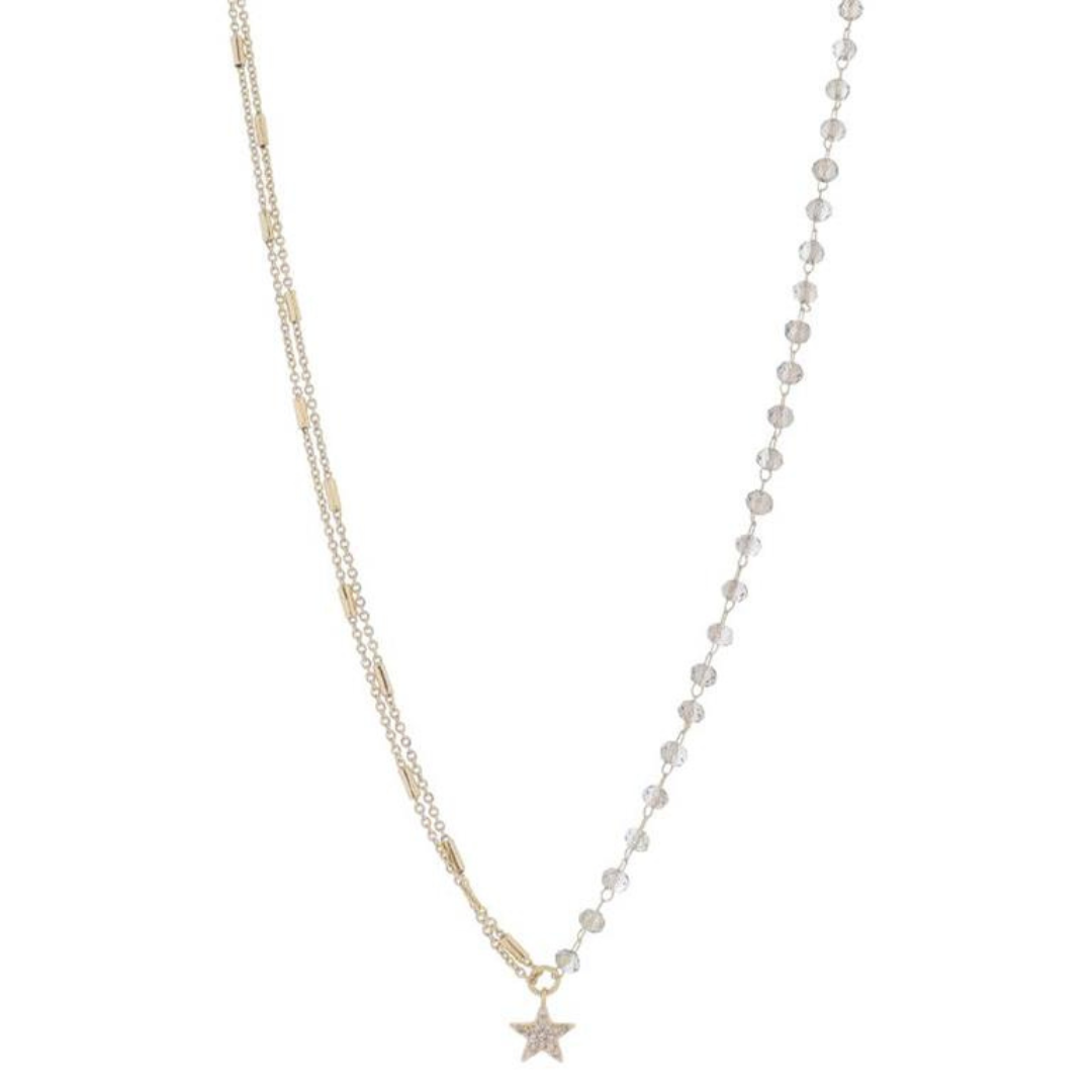 16" Half Double Gold Satellite Bar Chains, Half Smokey Beaded Link Chain & Star Necklace, 3" Ext.