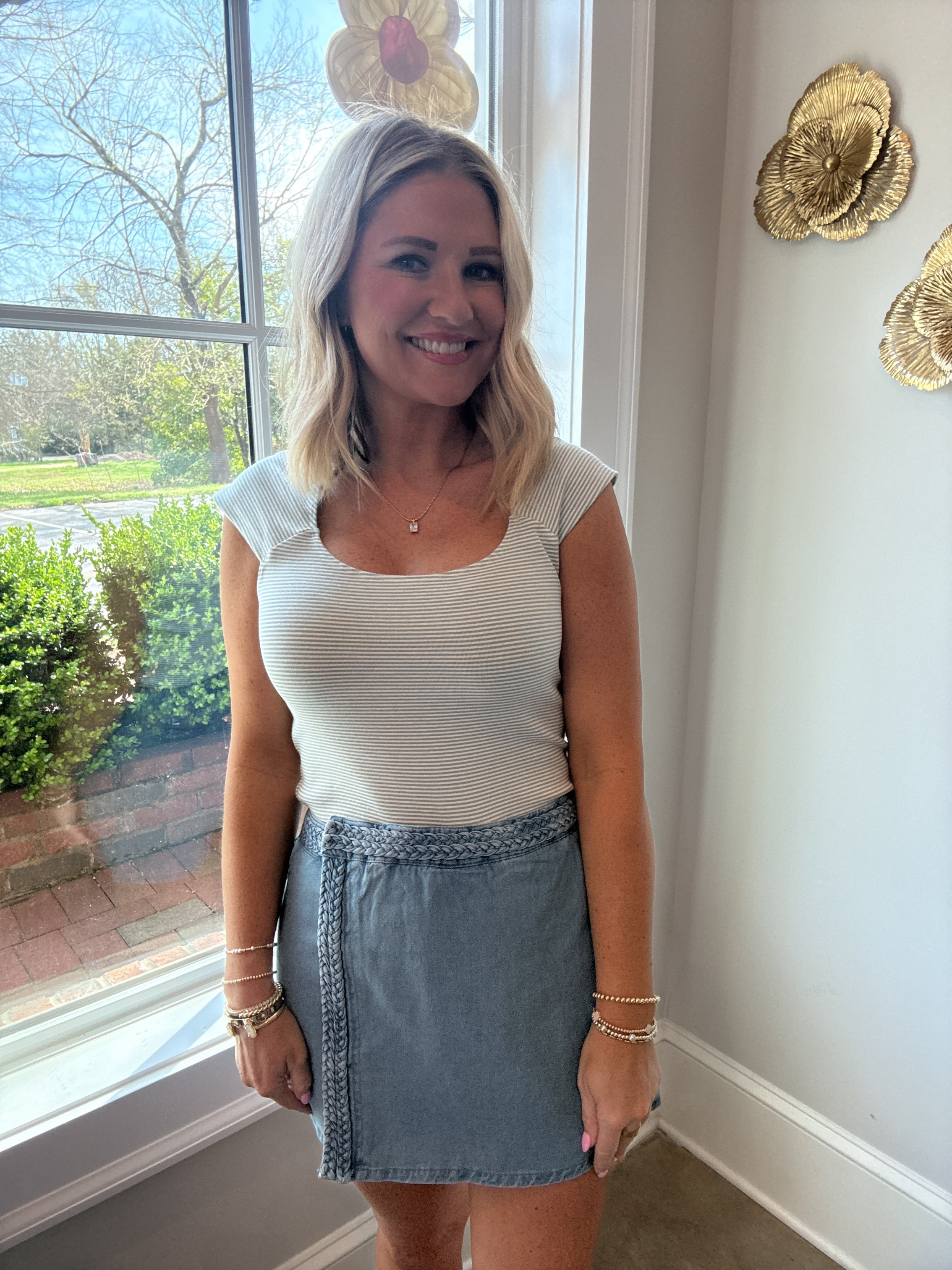 Same With Conversation Striped Top with Cap Sleeves