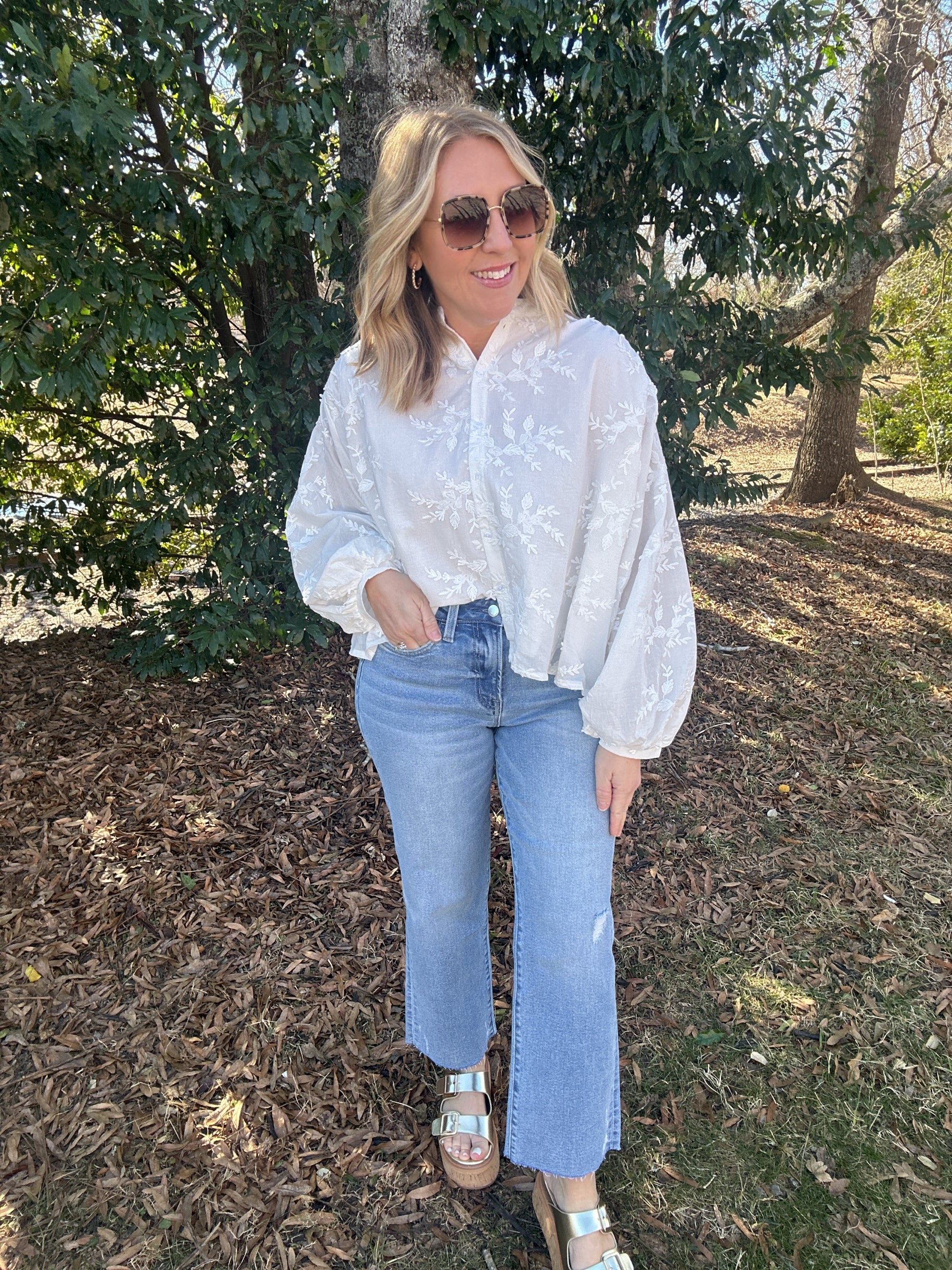 Cocktail Hour Eyelet Quarter Sleeve White Top