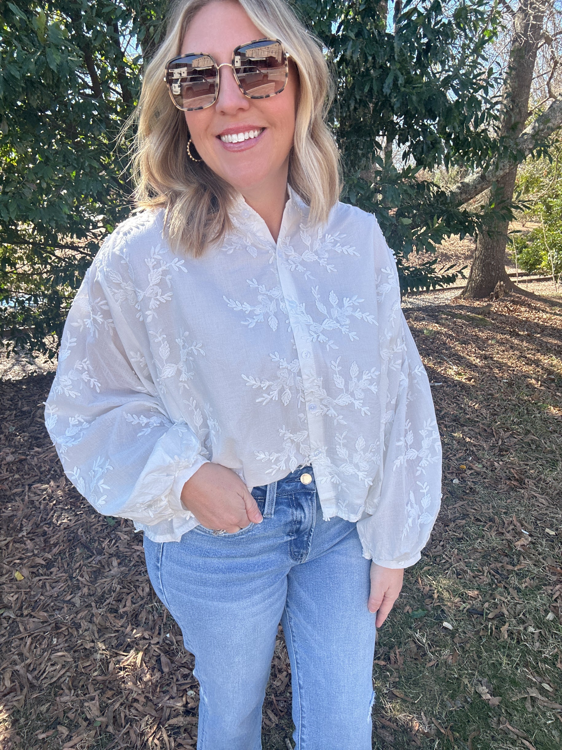 Cocktail Hour Eyelet Quarter Sleeve White Top