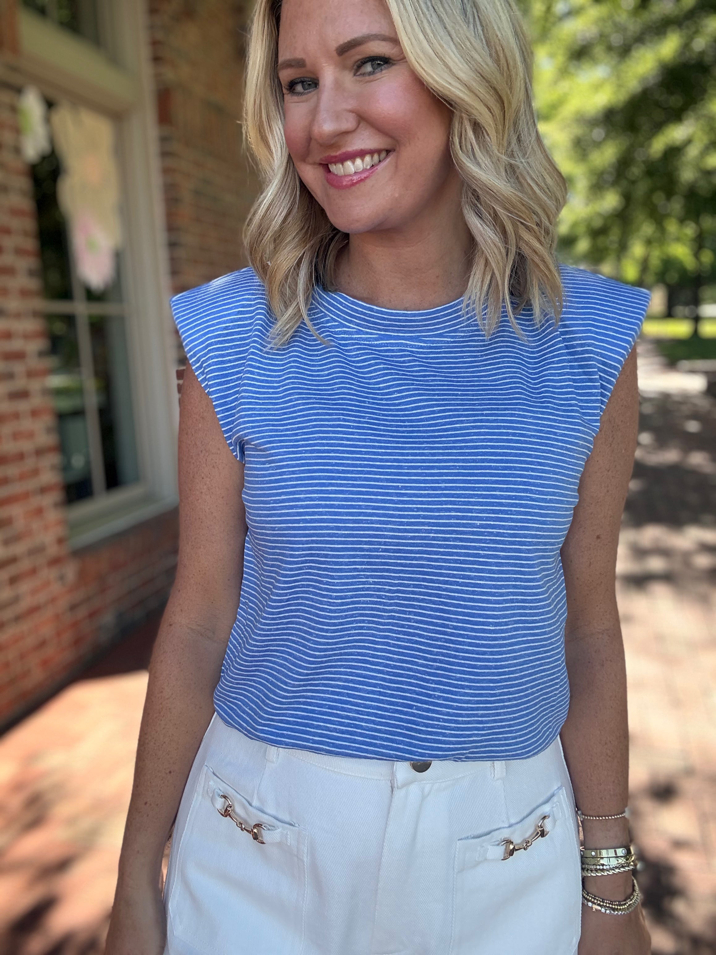 Freedom Looks Good On You Striped Sleeveless Top in Blue