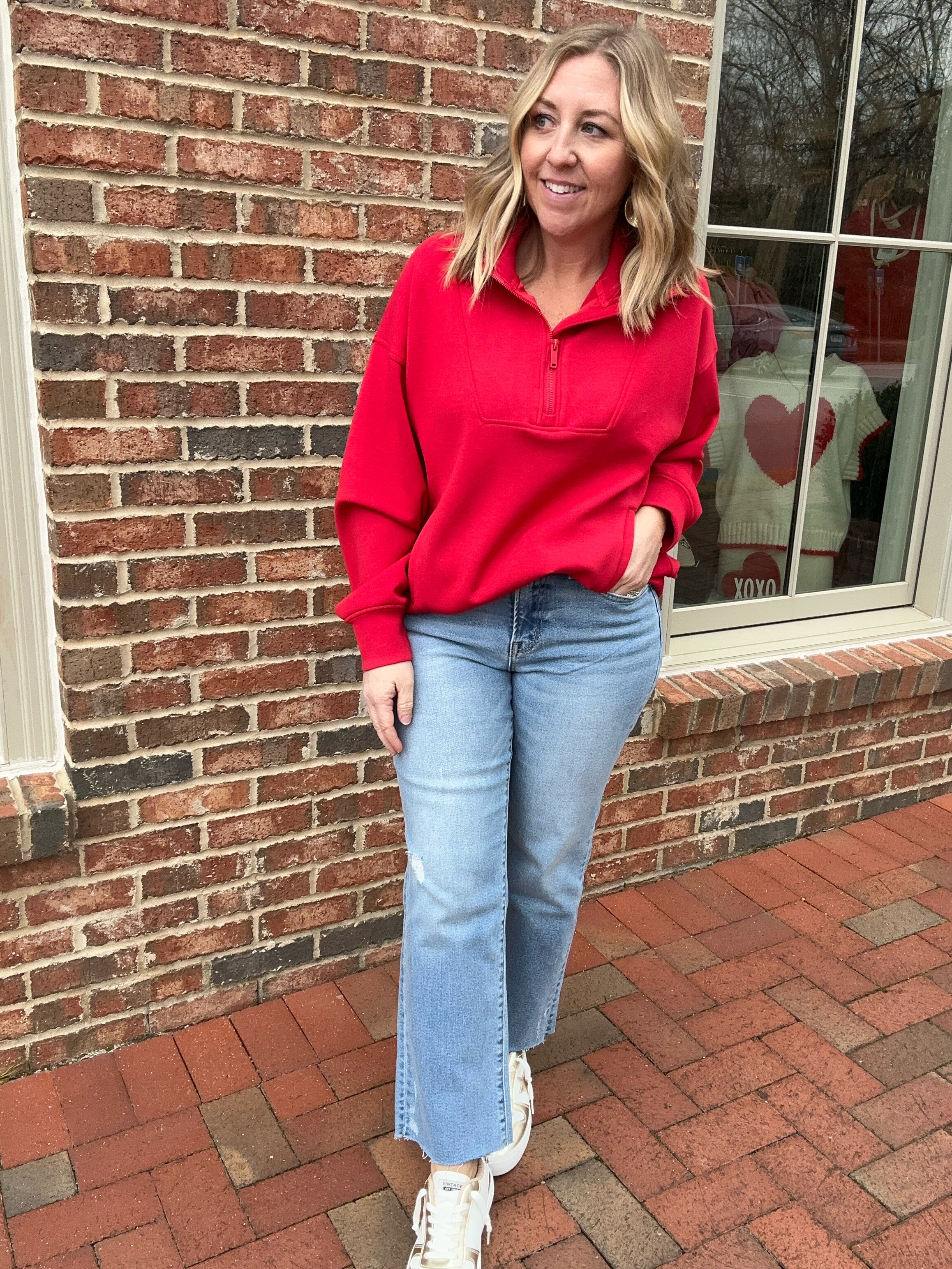 Red is My Favorite Modal Quarter Zip Collar Pullover Sweatshirt