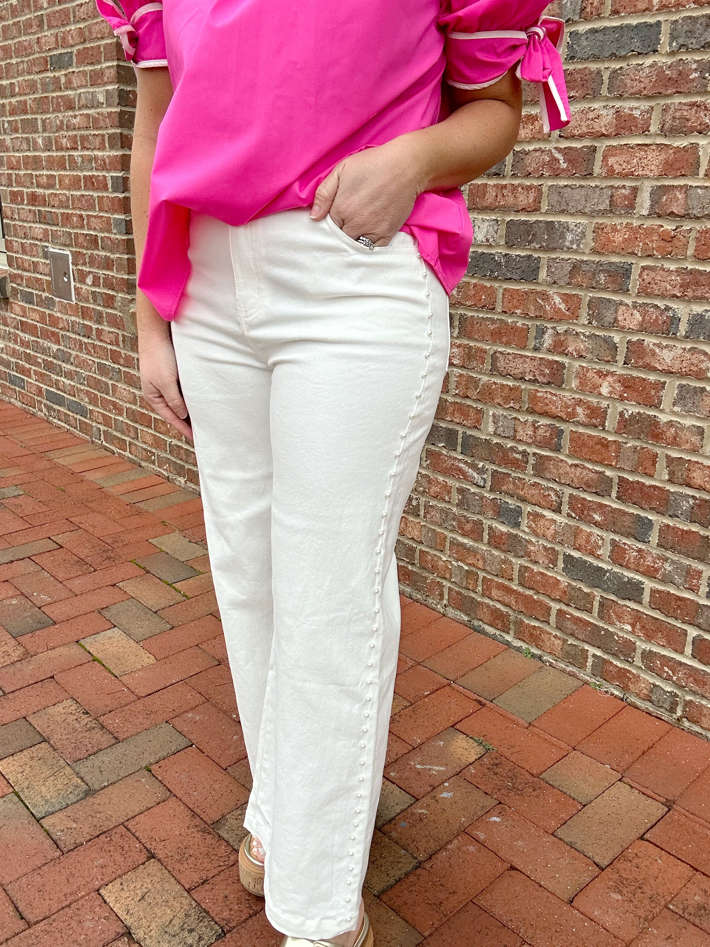 What You Own High Waisted White Denim Wide Leg with Pearl Detail Jeans