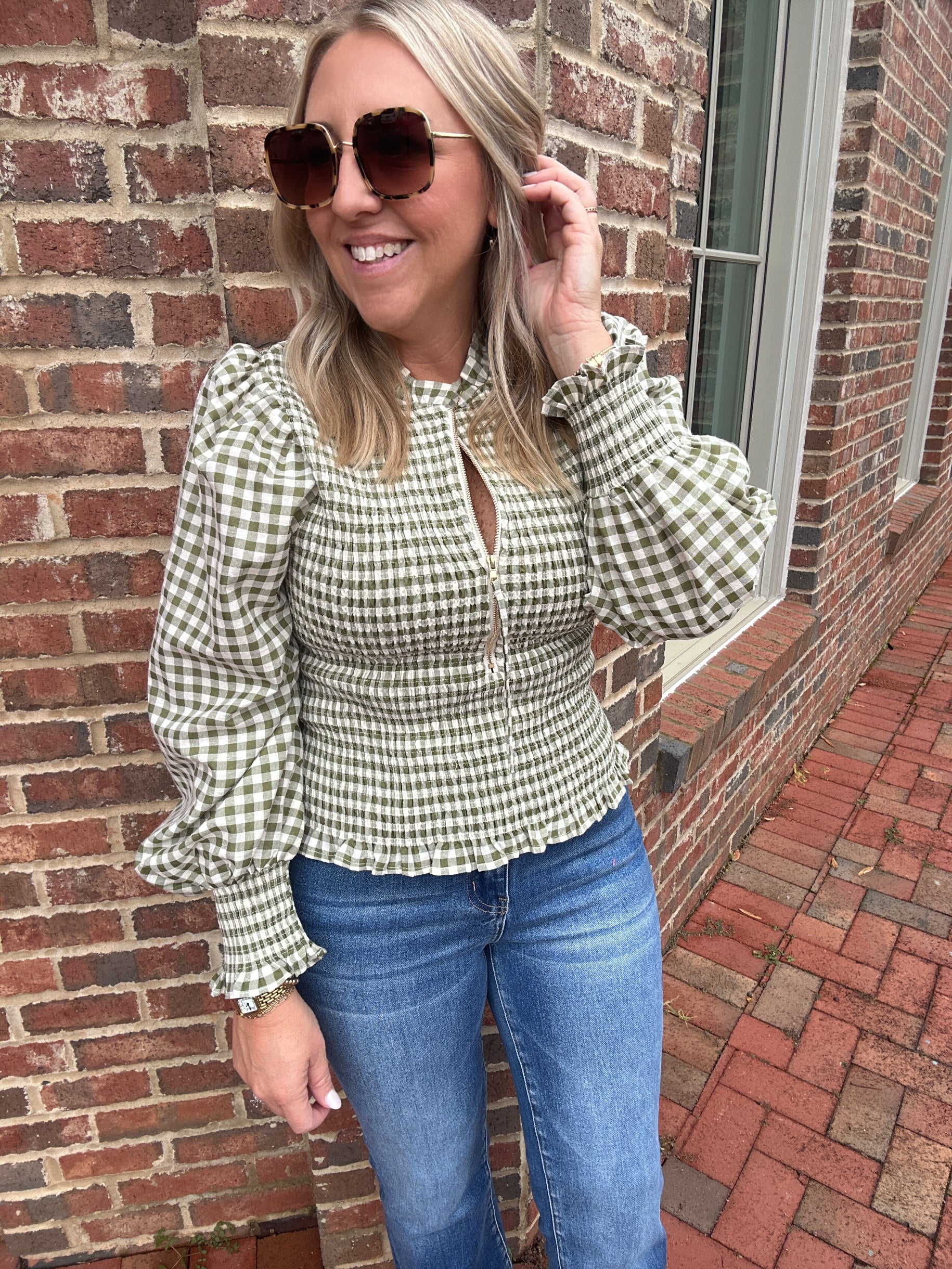 Timeless Touch Gingham 1/4 Zip Smocked Top