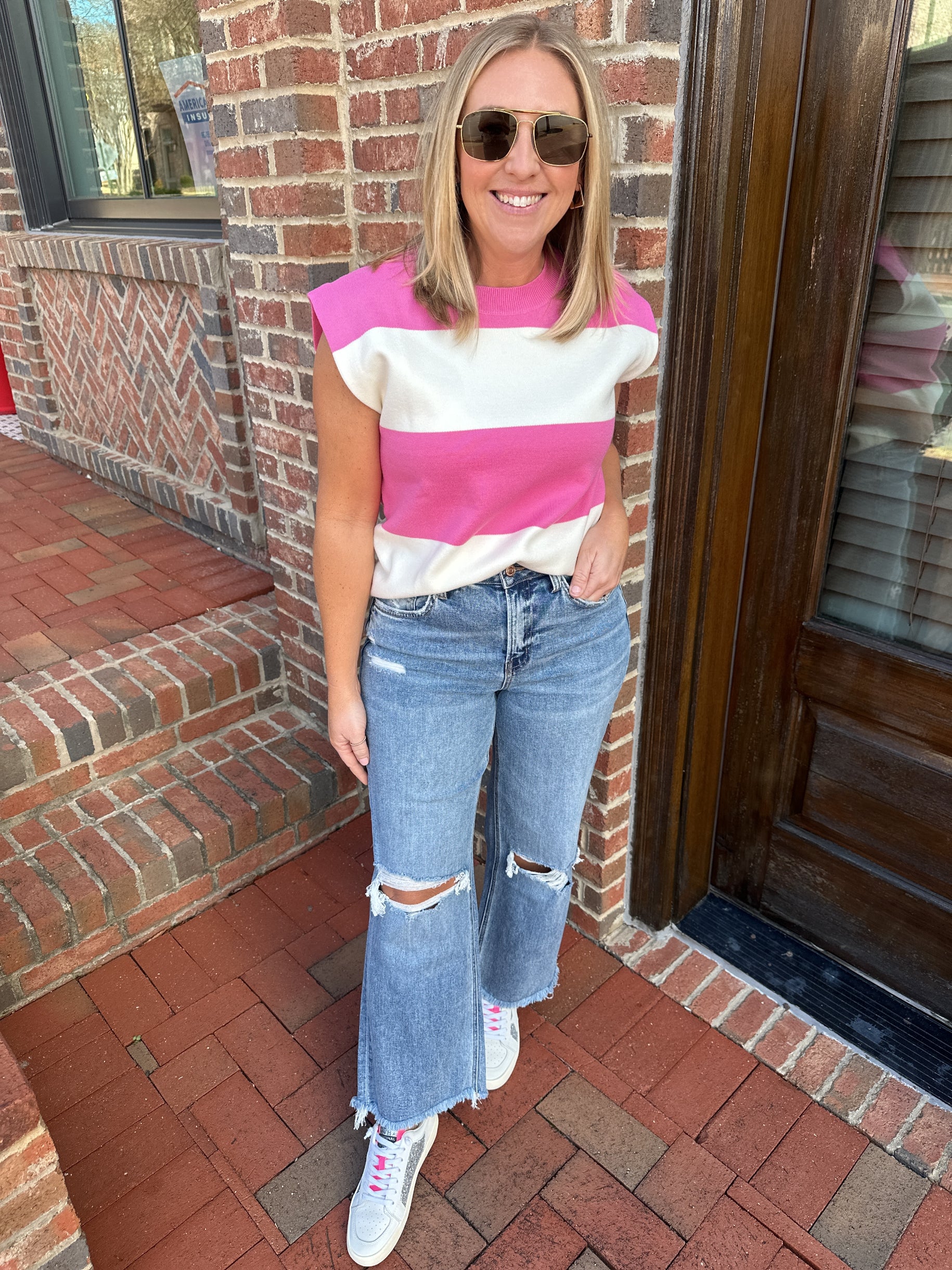 Takes Forever Large Striped Knit Sleeveless Top in Pink