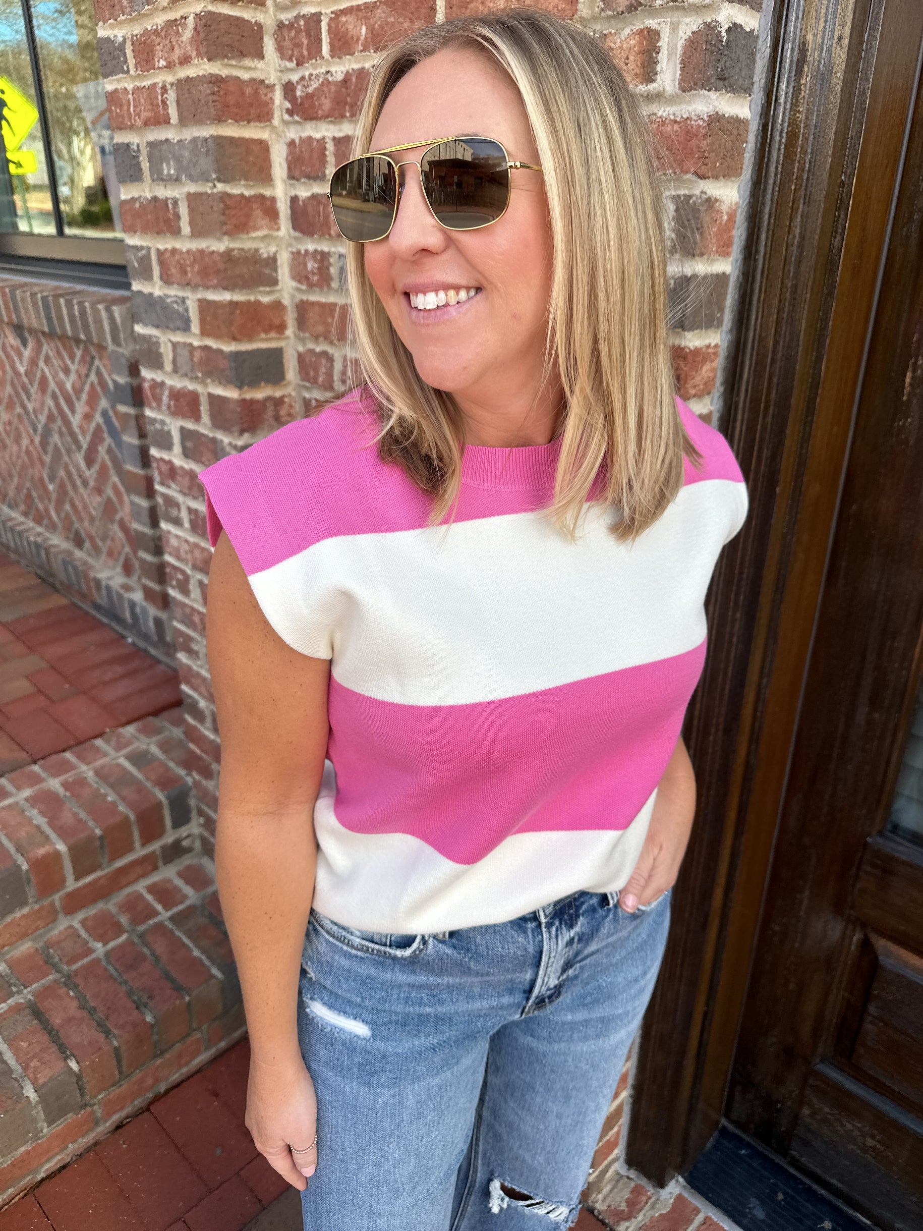 Takes Forever Large Striped Knit Sleeveless Top in Pink