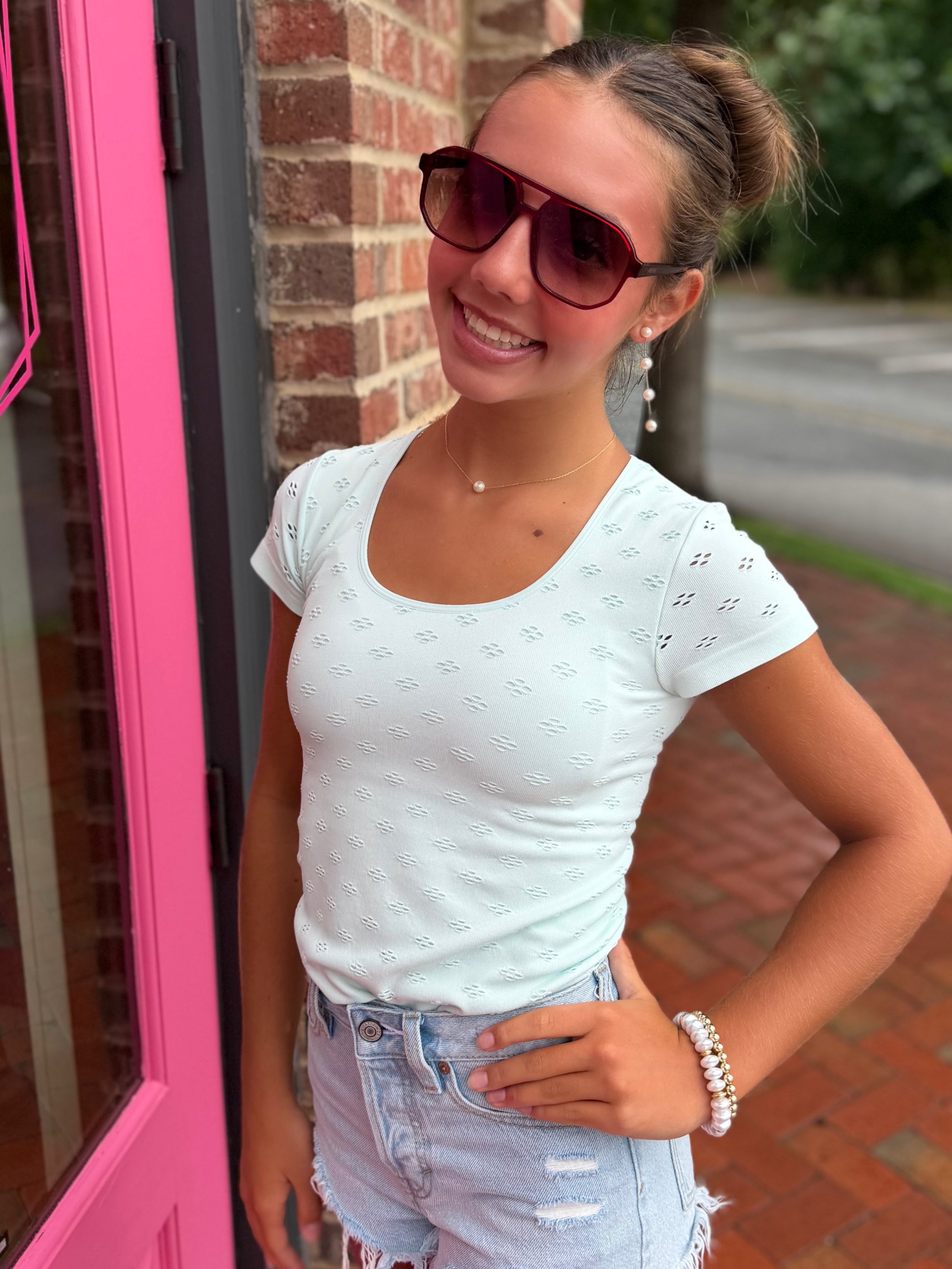 This Happiness Seamless Eyelet Round Neck Short Sleeve Top in Mint