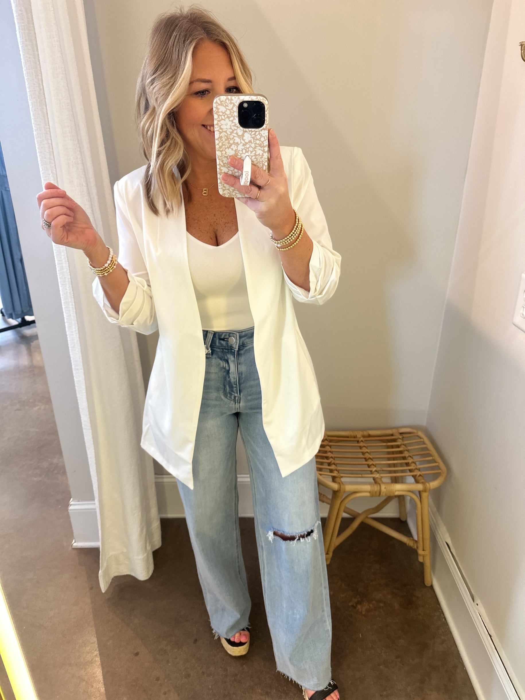 Sunday Brunch Quarter Sleeve Longline Blazer in White