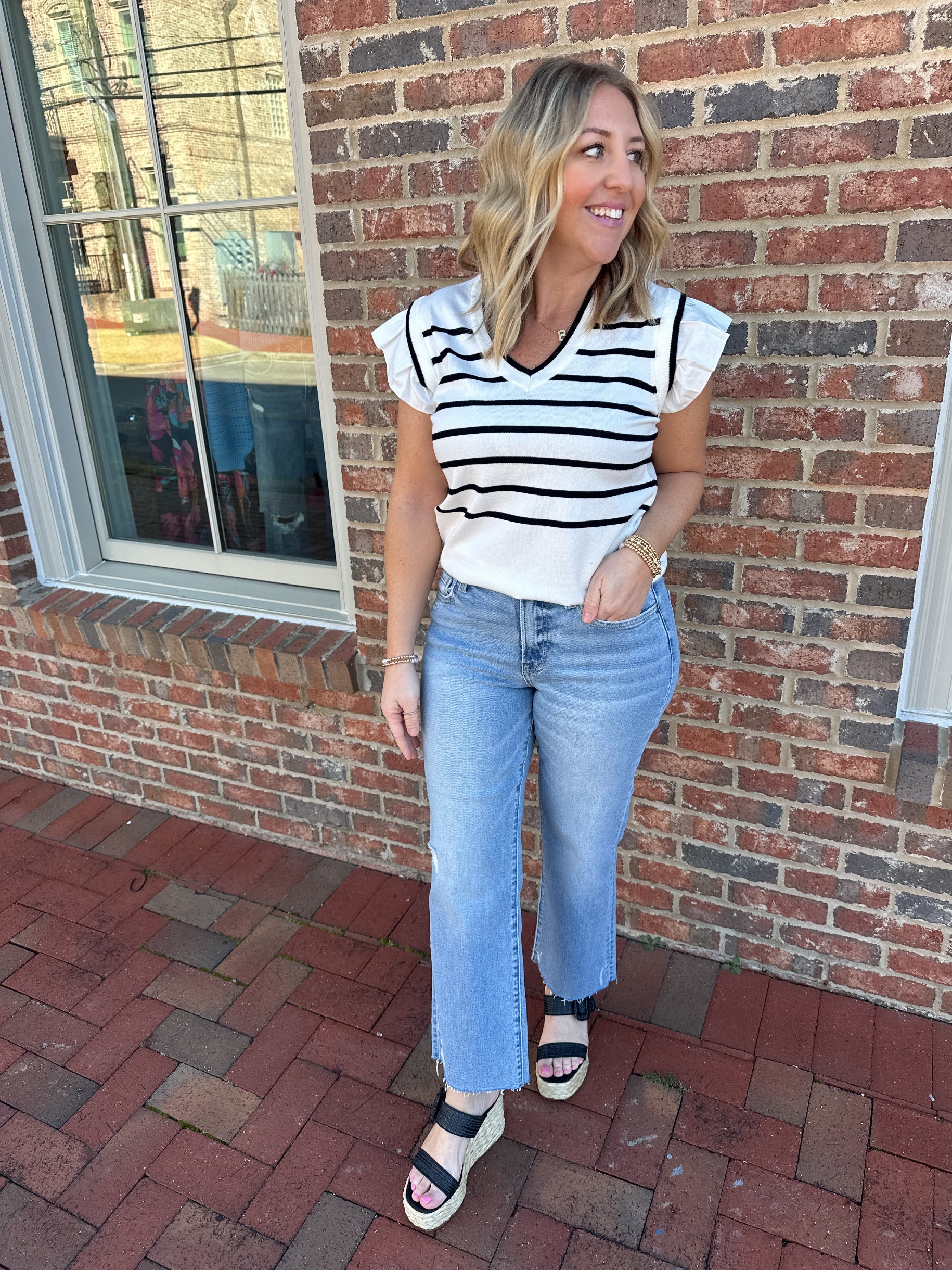 Over The Moon Striped Short Ruffle Sleeve Knit Top