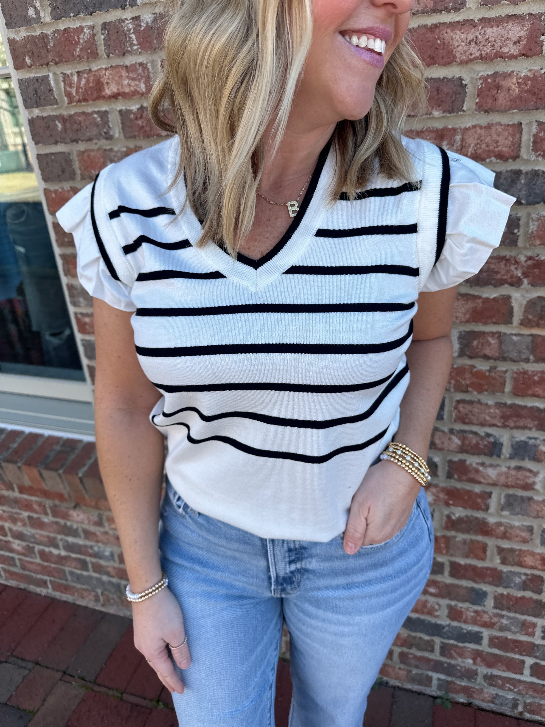 Over The Moon Striped Short Ruffle Sleeve Knit Top