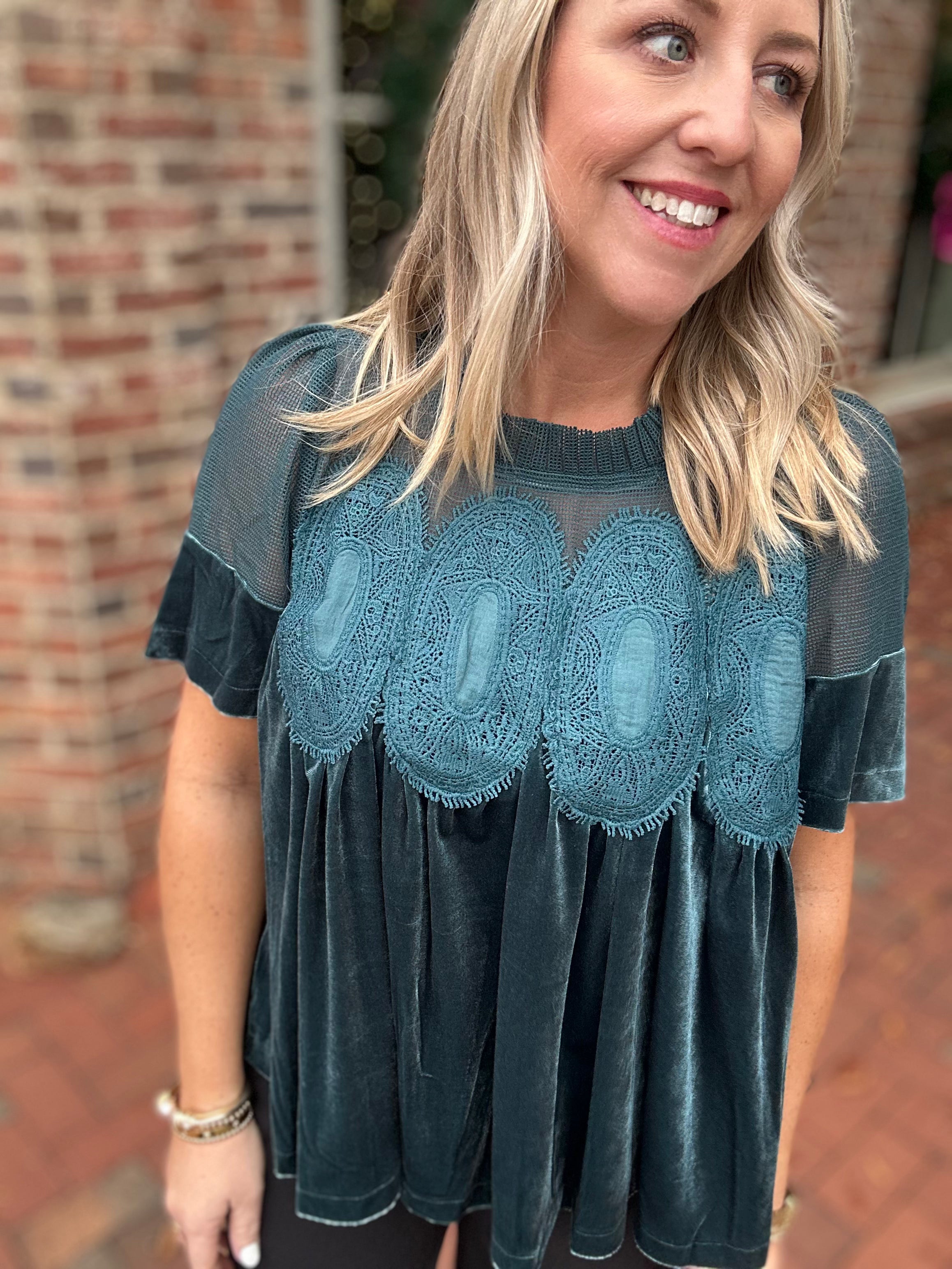 Glory Lace Detail Velvet Babydoll Top