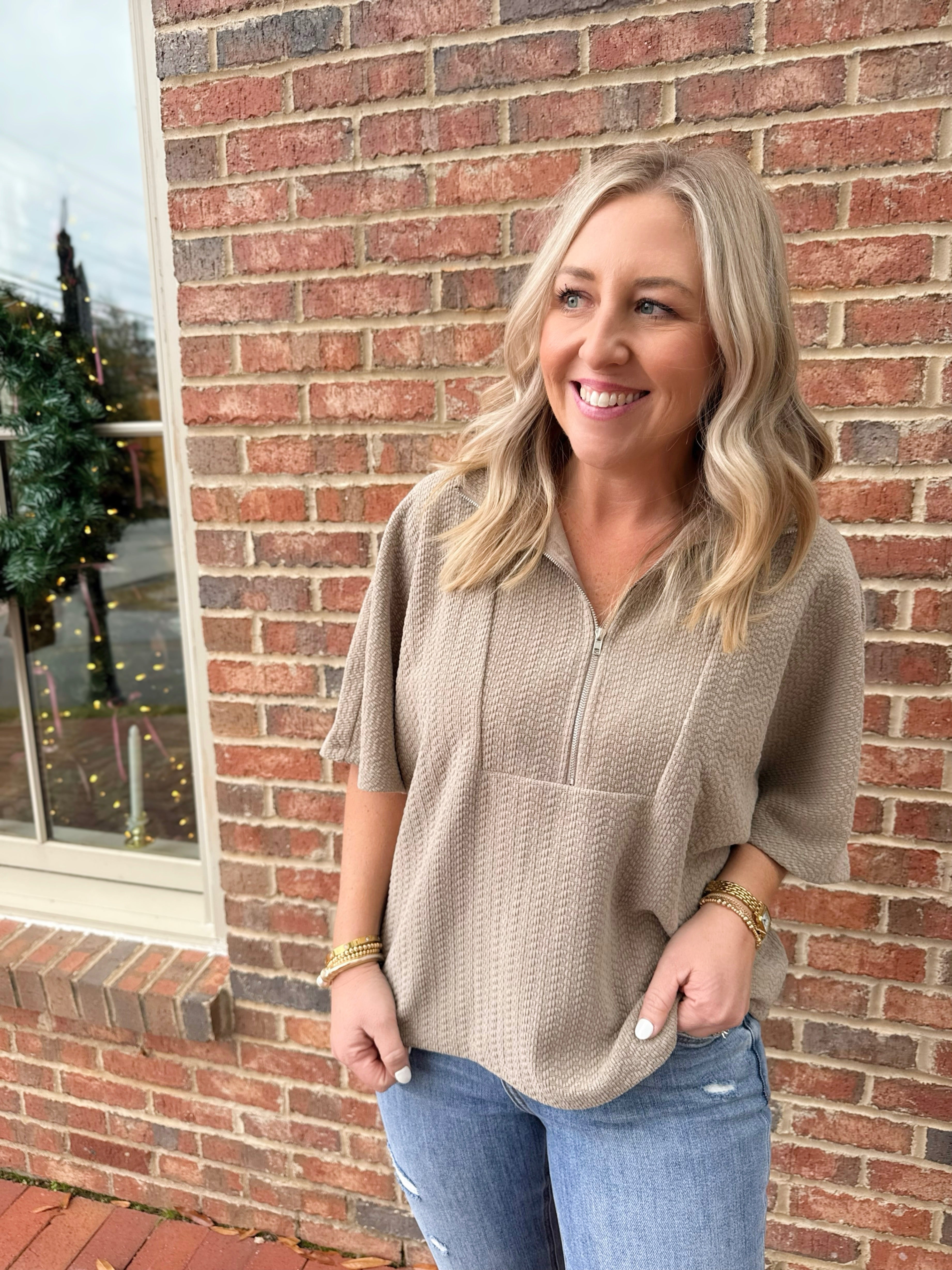 Long Ago Quarter Zip Textured Pull Over Top