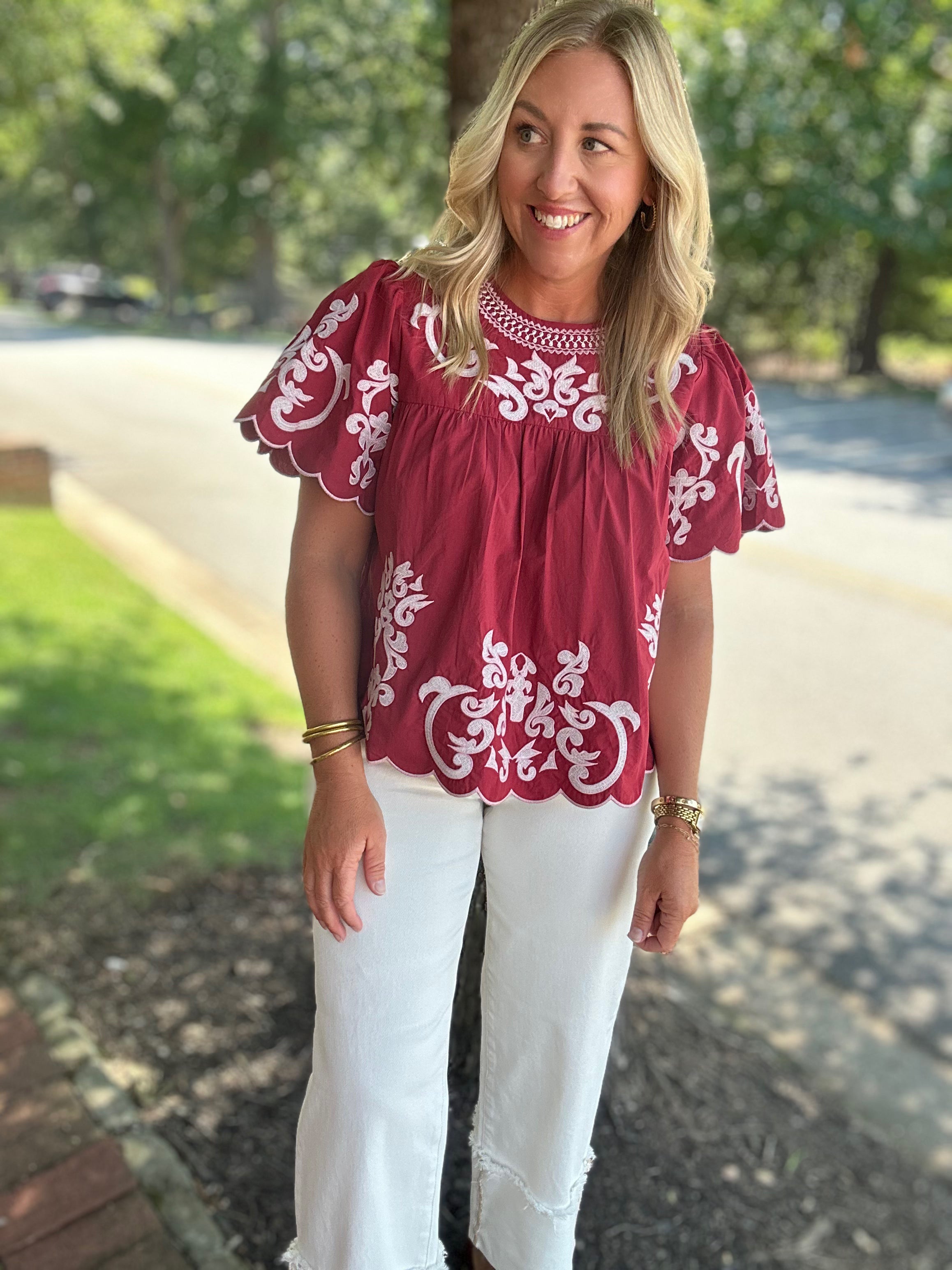 Fireside Flutter Sleeve Embroidery Detailed Top