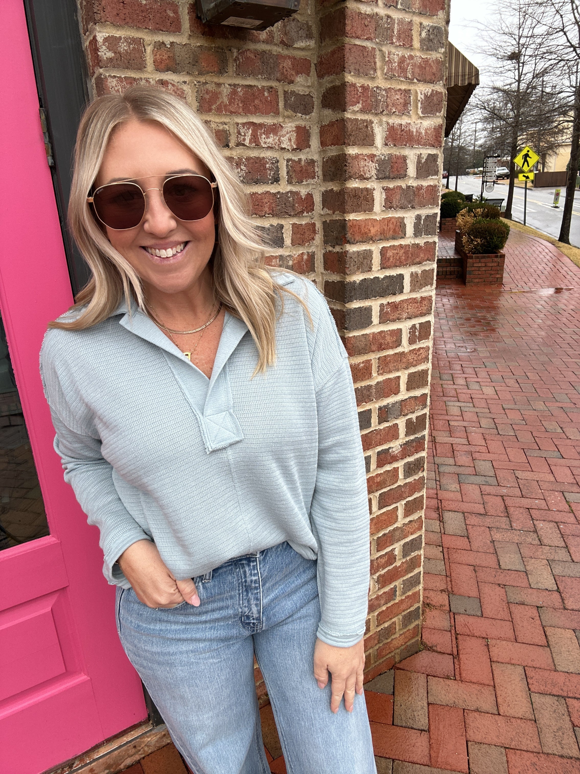 A New World Collared Ribbed Long Sleeve Top in Blue