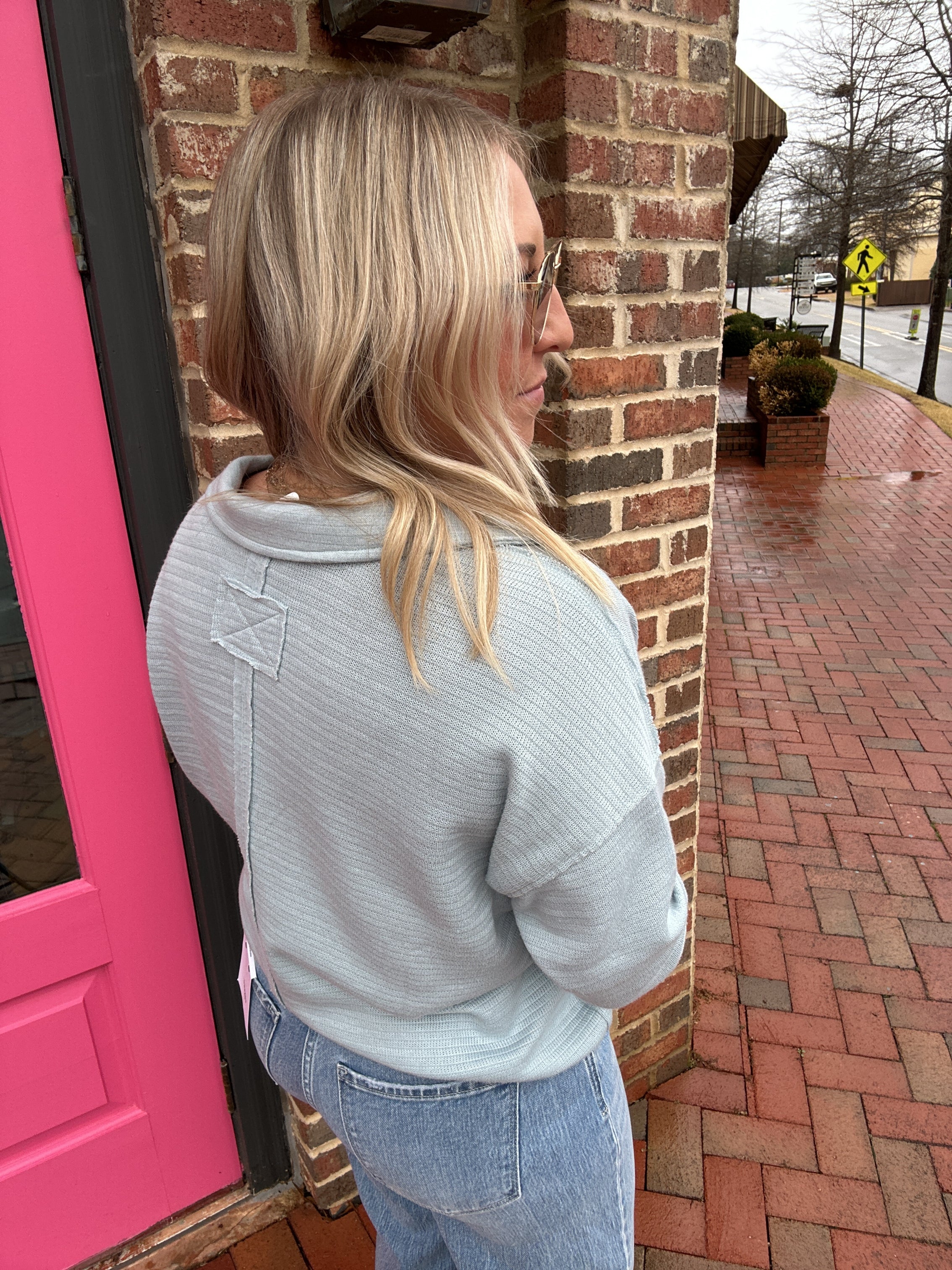 A New World Collared Ribbed Long Sleeve Top in Blue