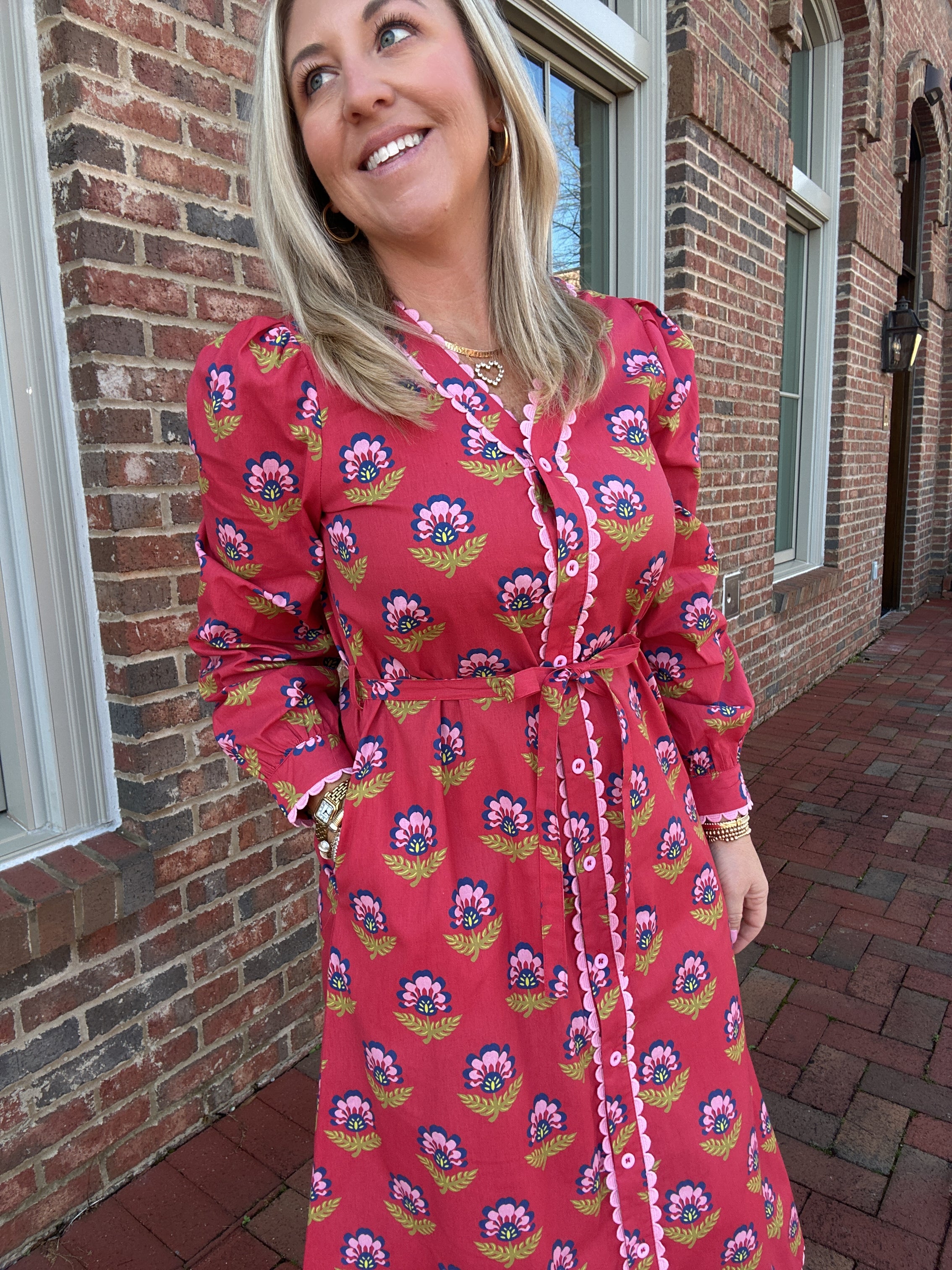 Berry Scalloped Button Down Long Sleeve Maxi Dress