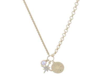 GOLD JUMP RING WITH PEARL BEZEL, CRYSTAL STARBURST, GOLD TEXTURED DISC WITH STARBURST NECKLACE