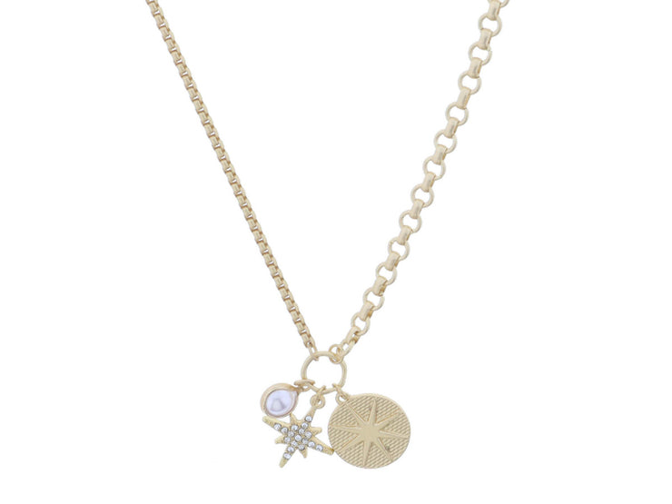 GOLD JUMP RING WITH PEARL BEZEL, CRYSTAL STARBURST, GOLD TEXTURED DISC WITH STARBURST NECKLACE