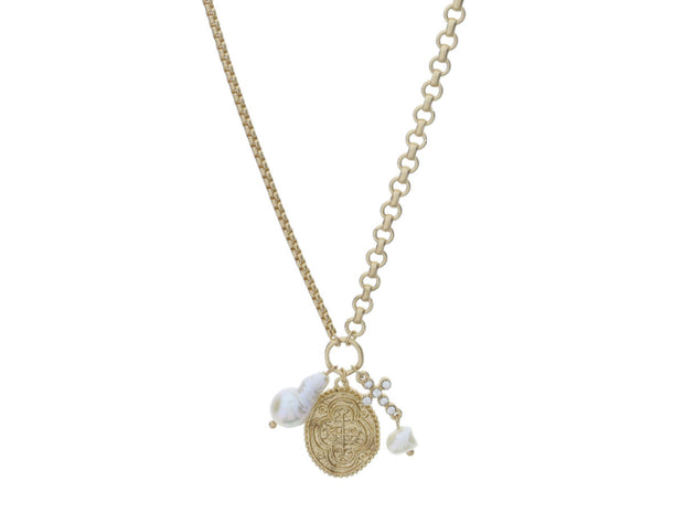 GOLD JUMP RING WITH BARQUE TEARDROP PEARL, CROSS COIN, CRYSTAL CROSS WITH PEARL DANGLE NECKLACE