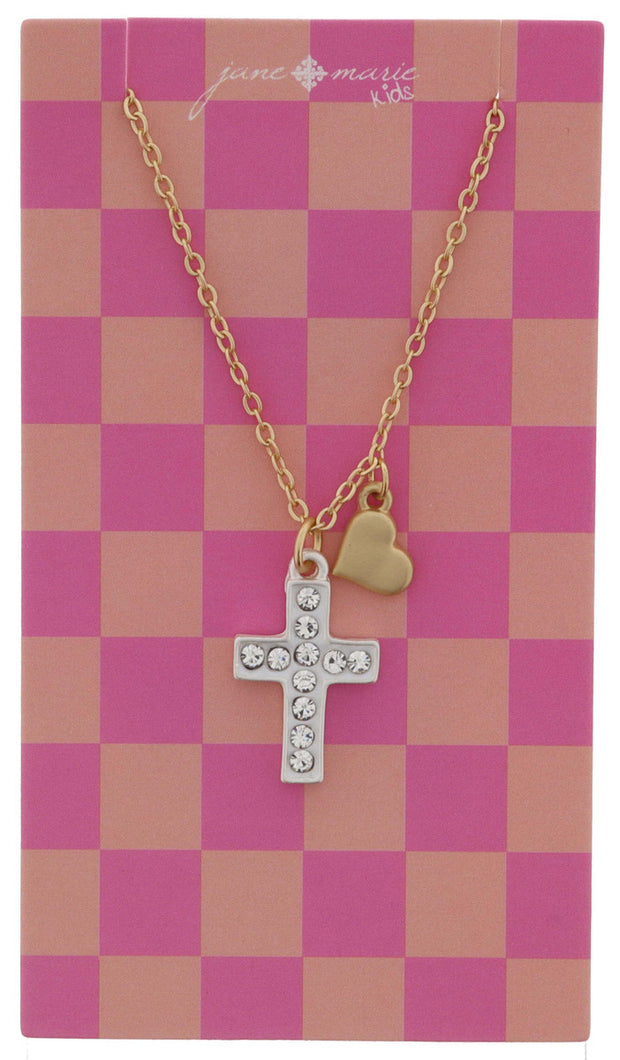 KIDS WHITE ENAMEL AND CRYSTAL SILVER CROSS, MINI GOLD HEART NECKLACE