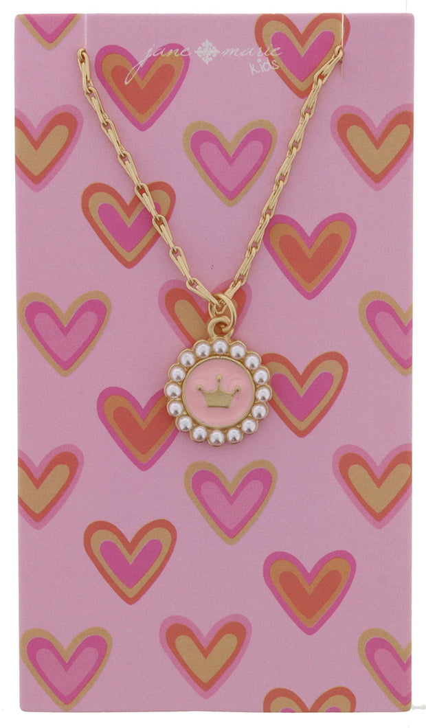 KIDS LIGHT PINK ENAMEL DISC WITH GOLD CROWN AND MINI PEARL EDGE NECKLACE