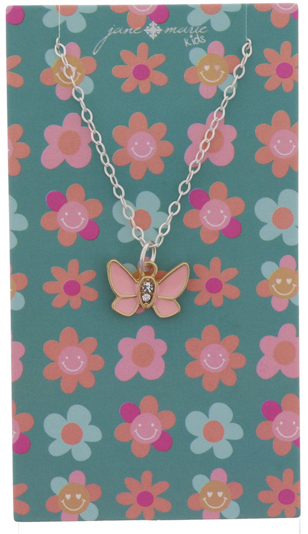 KIDS LIGHT PINK ENAMEL AND CRYSTAL BUTTERFLY NECKLACE