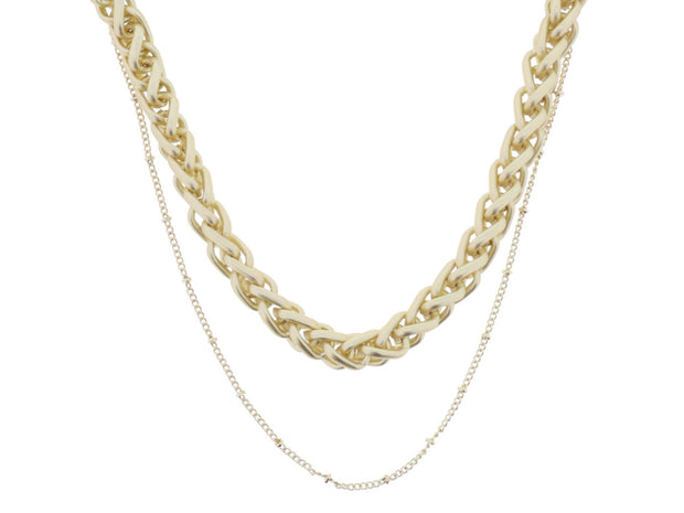 2 STRAND, MATTE GOLD CHUNKY WHEAT CHAIN, SHINY GOLD SATELLITE CHAIN NECKLACE