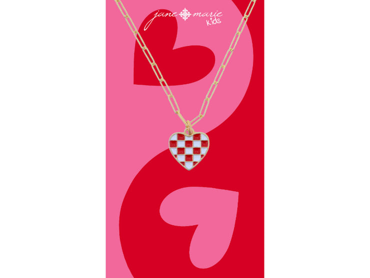 Kids 14" Gold Red & White Checkered Heart Necklace