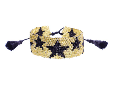Gold with Black Stars Woven Beaded Band Bracelet